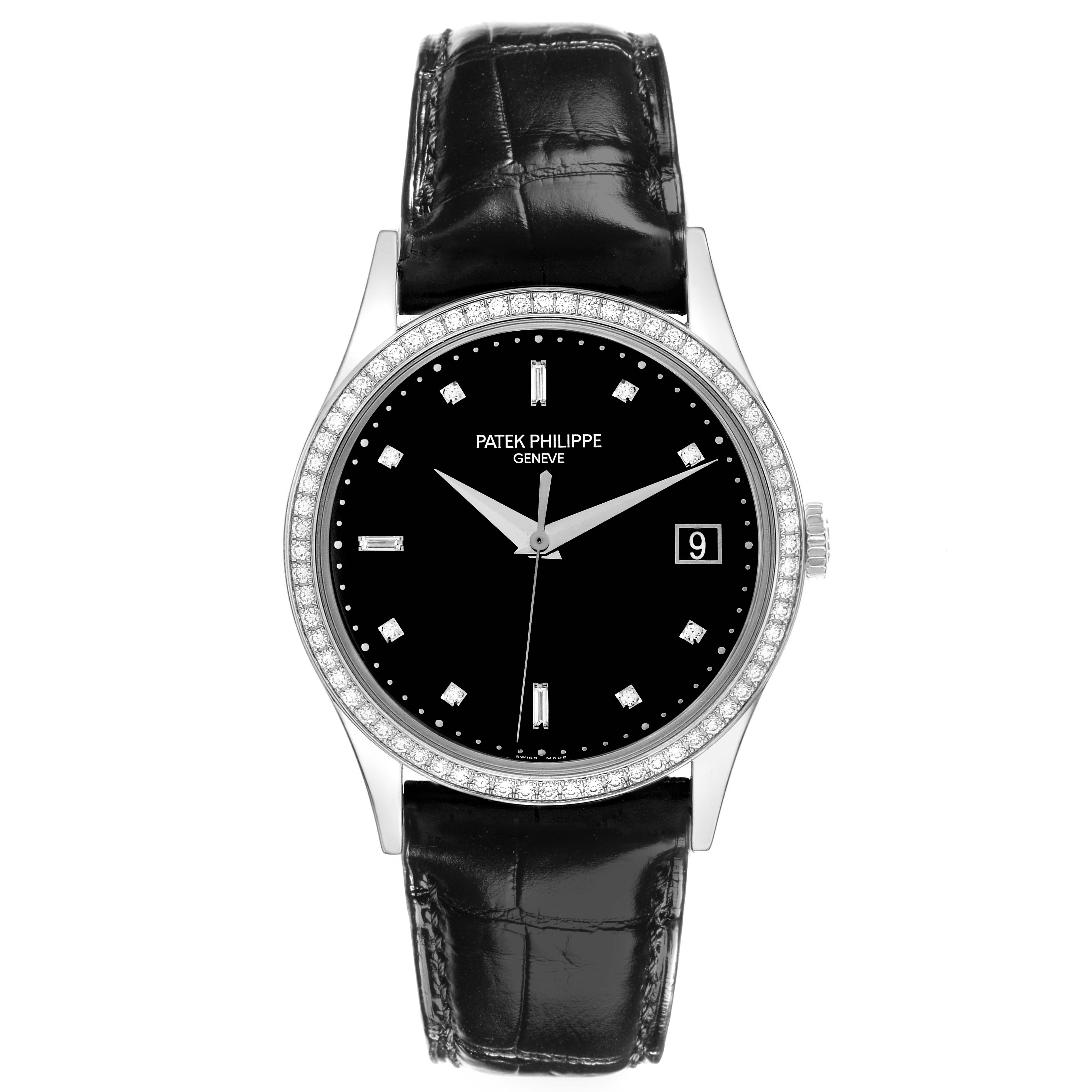 The Patek Philippe Calatrava 5297G-001 Men's White Gold Black Dial 5297G-001 Men's White Gold Black Dial watch is shown with a front view, featuring the black dial, crown, and leather strap.