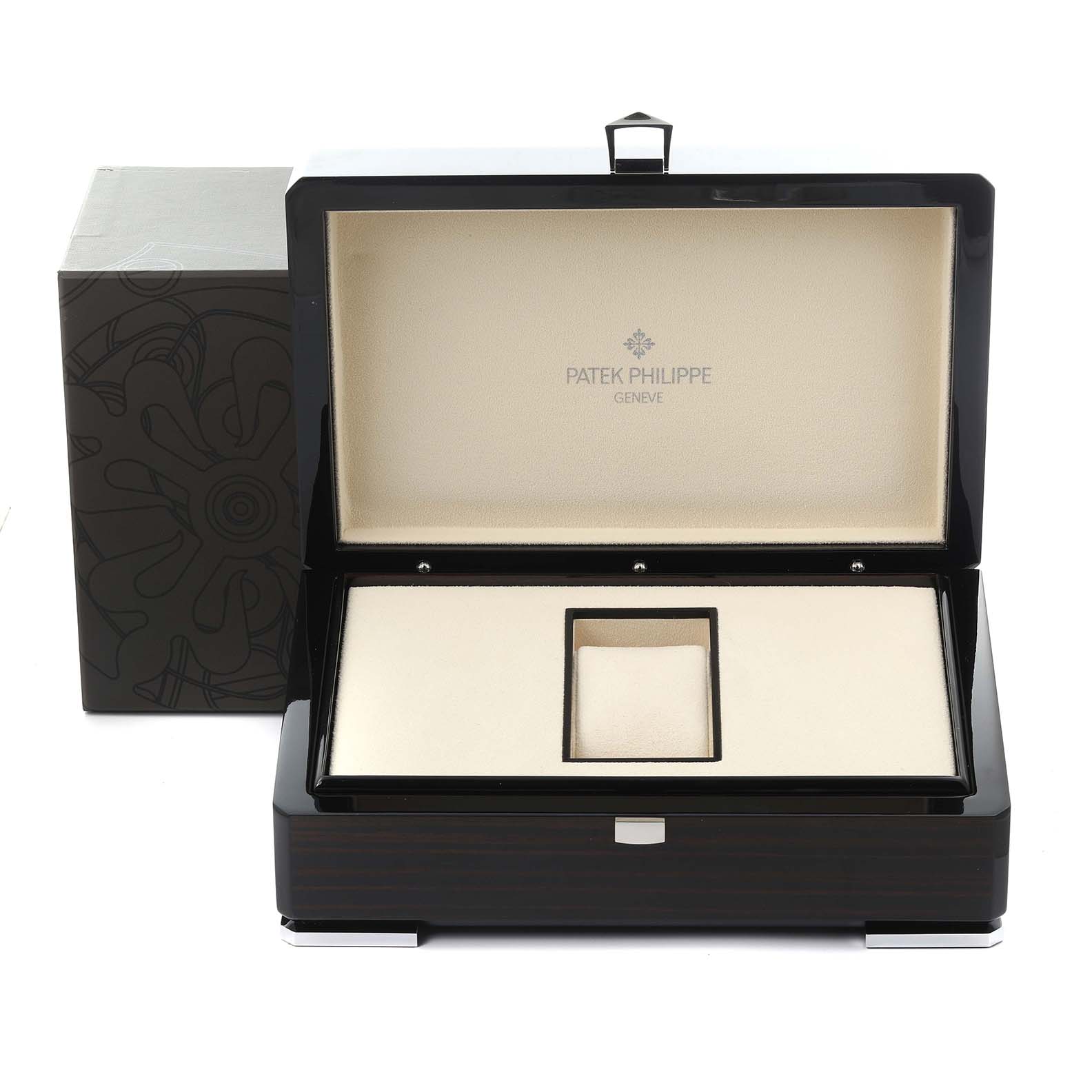 The image shows an open watch box for a Patek Philippe Calatrava 5297G-001 Men's White Gold Black Dial 5297G-001 Men's White Gold Black Dial, displaying the interior with a separate slot for the watch.