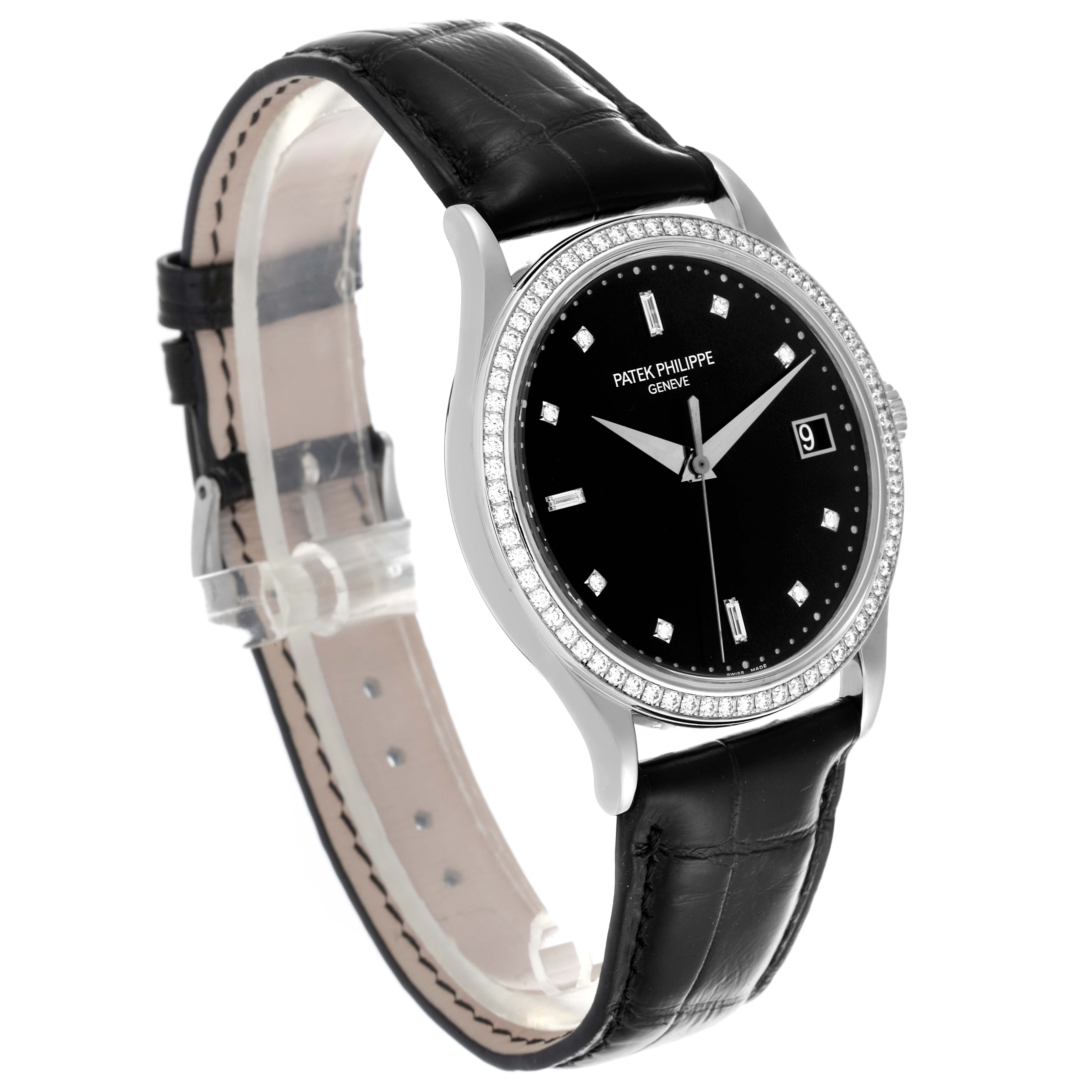 The Patek Philippe Calatrava 5297G-001 Men's White Gold Black Dial 5297G-001 Men's White Gold Black Dial watch is shown at a three-quarter angle, displaying the face, bezel, strap, and buckle.