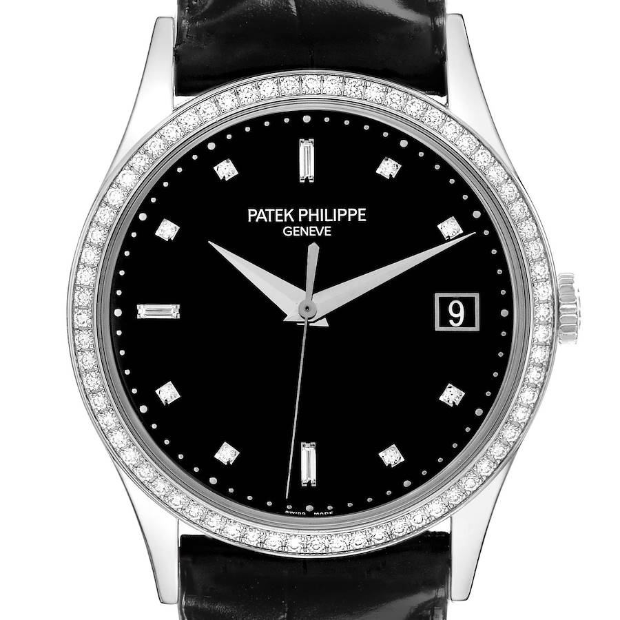 The Patek Philippe Calatrava watch is shown from a front angle, highlighting its black dial, diamond markers, and date window.