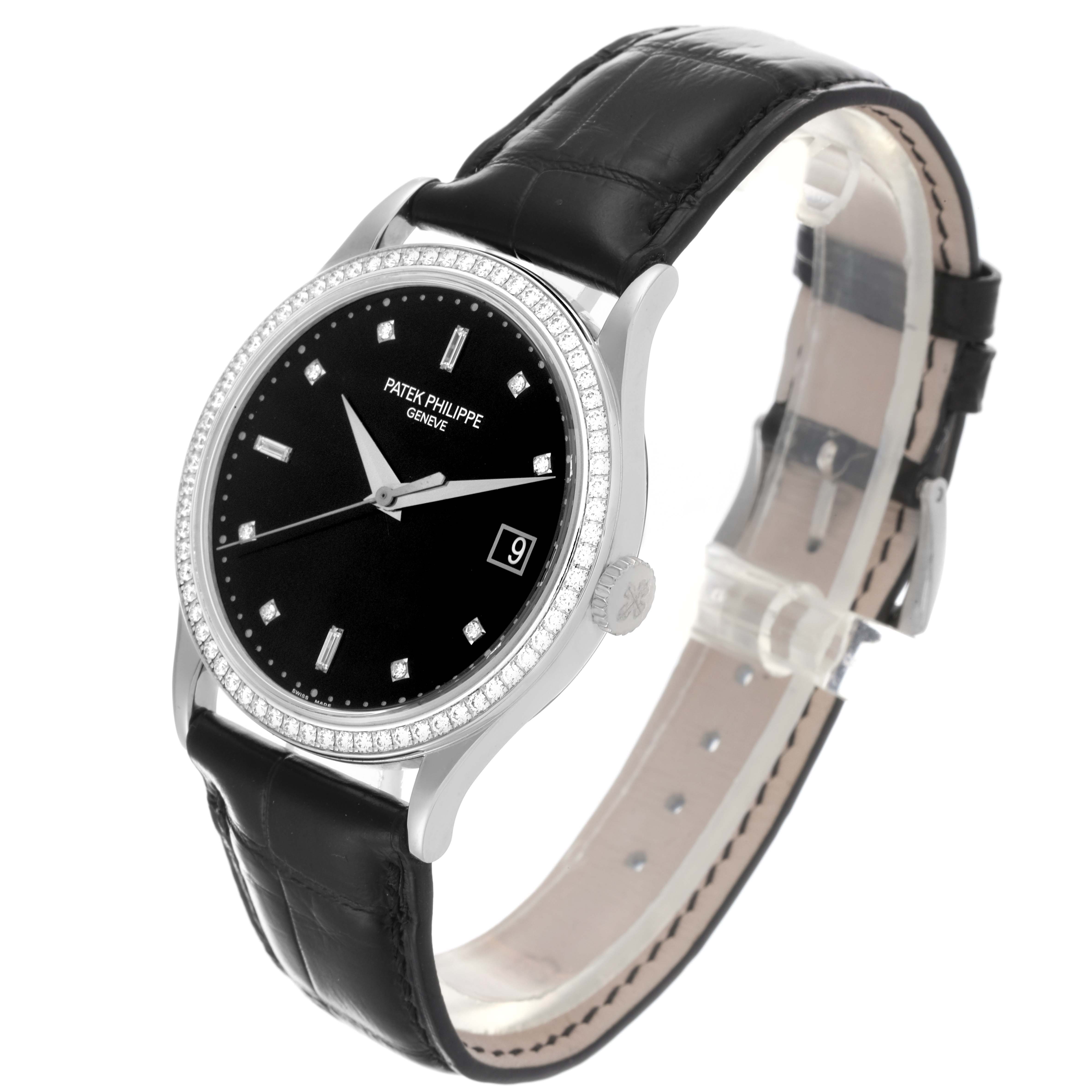 The Patek Philippe Calatrava 5297G-001 Men's White Gold Black Dial 5297G-001 Men's White Gold Black Dial watch is shown at a three-quarter angle, displaying the dial, case, crown, and leather strap.