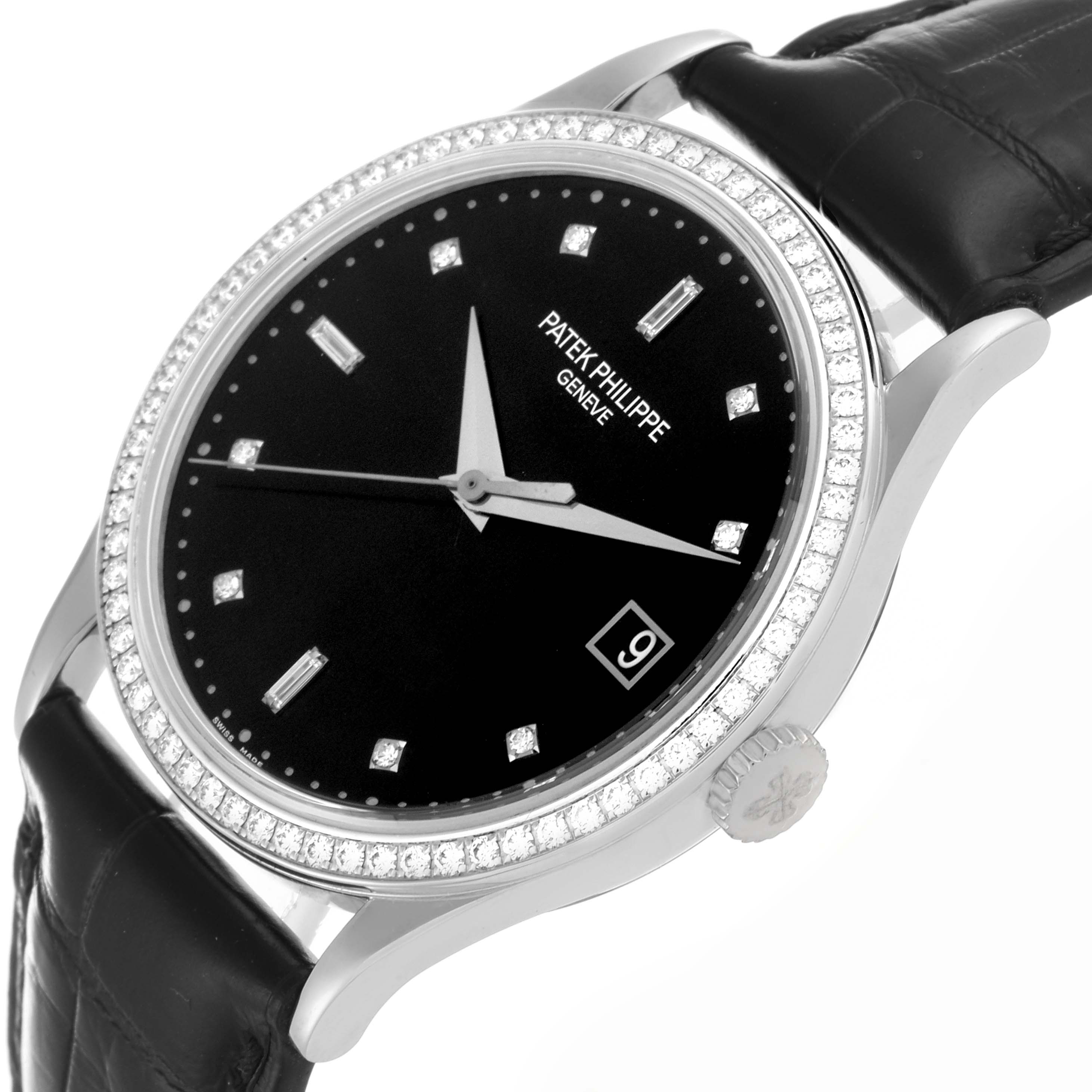 The Patek Philippe Calatrava 5297G-001 Men's White Gold Black Dial 5297G-001 Men's White Gold Black Dial watch is shown at an angled side view, displaying the black dial, diamond bezel, and leather strap.