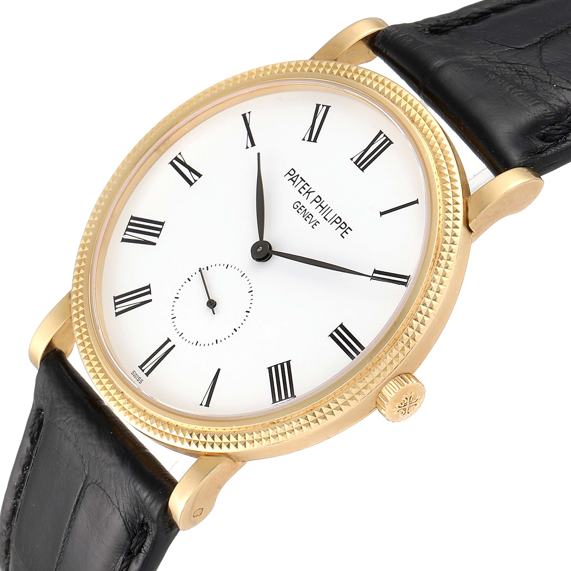 The image shows a Patek Philippe Calatrava 5119J Men's Yellow Gold White Dial 5119J Men's Yellow Gold White Dial watch at an oblique angle, highlighting its gold case, white dial, and black leather strap.