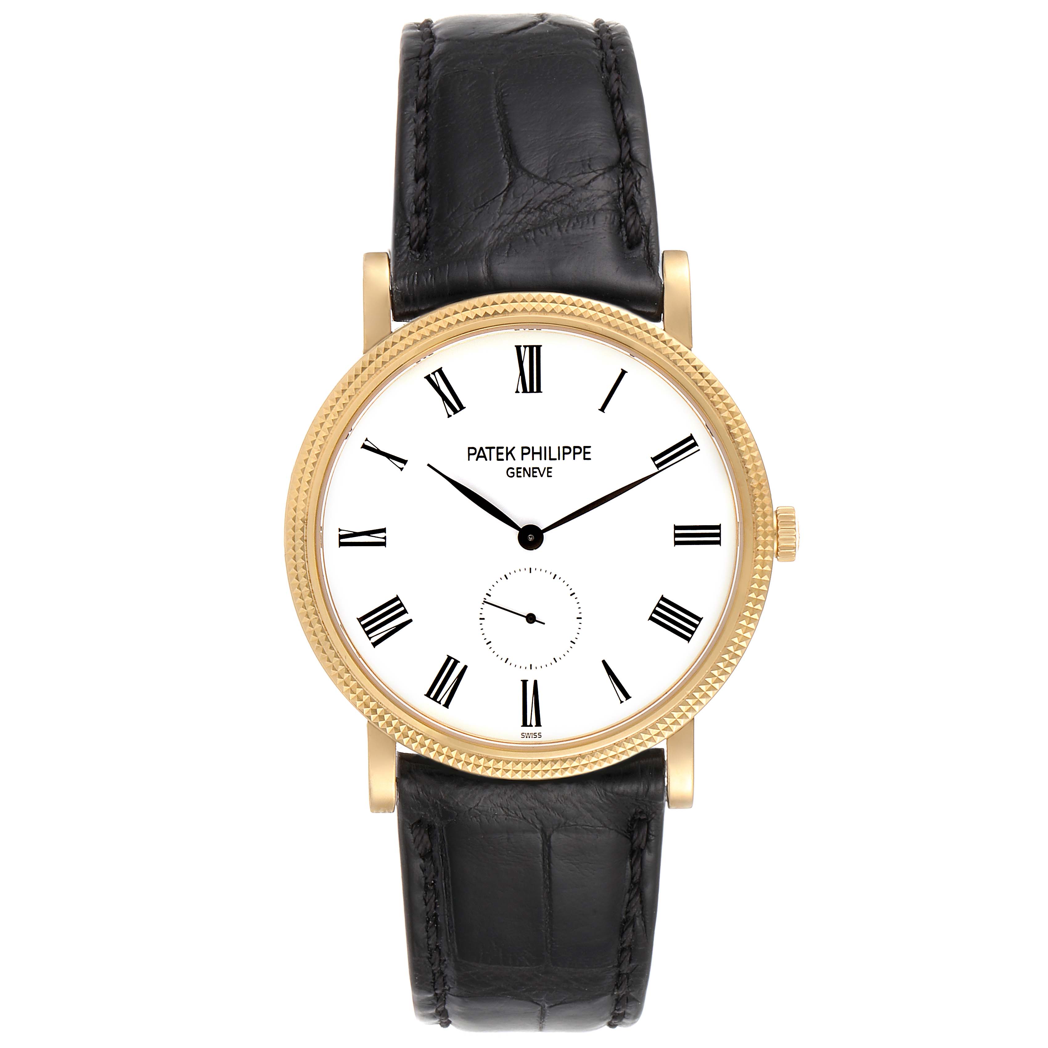 The image shows a front view of a Patek Philippe Calatrava 5119J Men's Yellow Gold White Dial 5119J Men's Yellow Gold White Dial watch featuring a white dial, black Roman numerals, and a black leather strap.