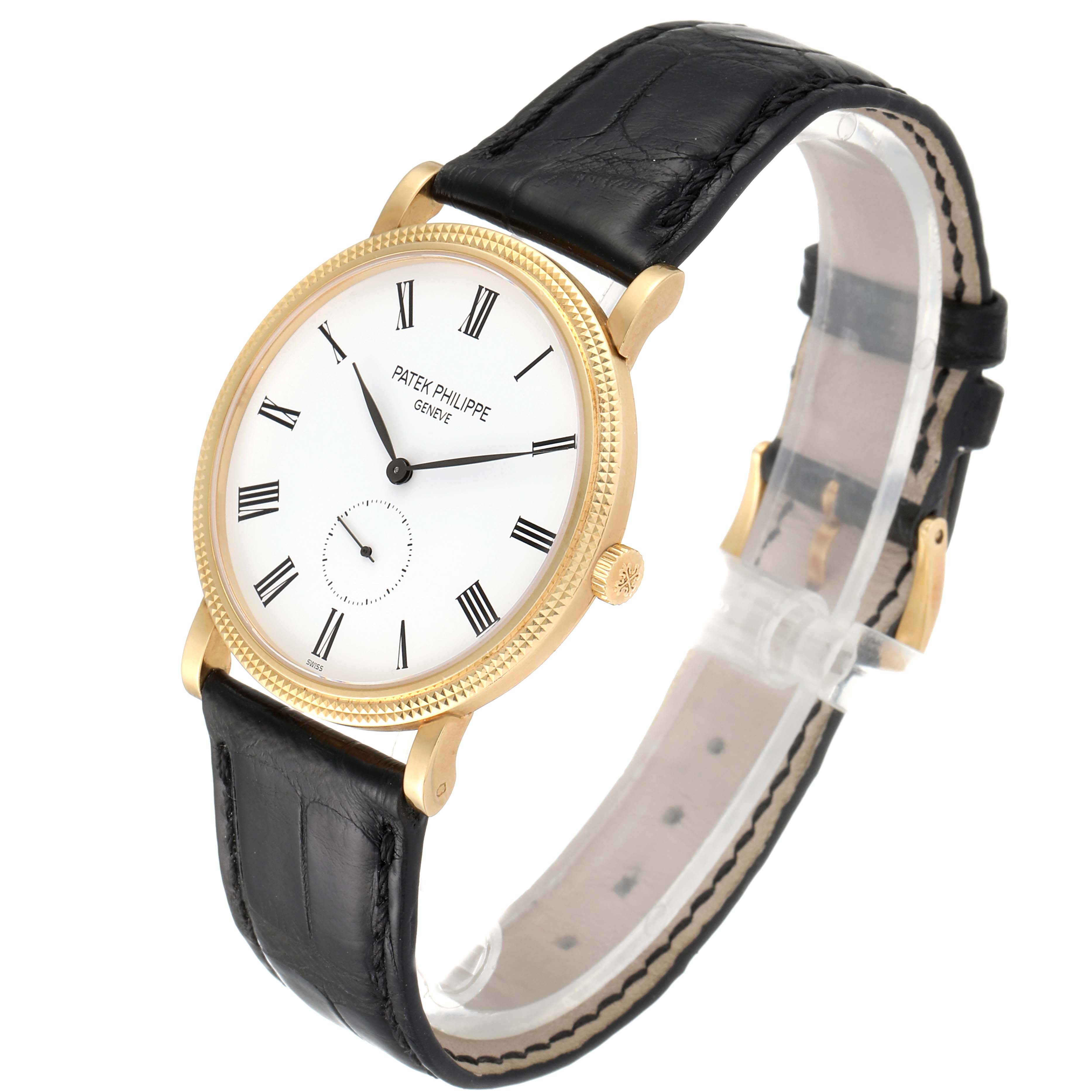 The image shows a Patek Philippe Calatrava 5119J Men's Yellow Gold White Dial 5119J Men's Yellow Gold White Dial watch at a three-quarter angle, showcasing the face, gold case, black leather strap, and crown.