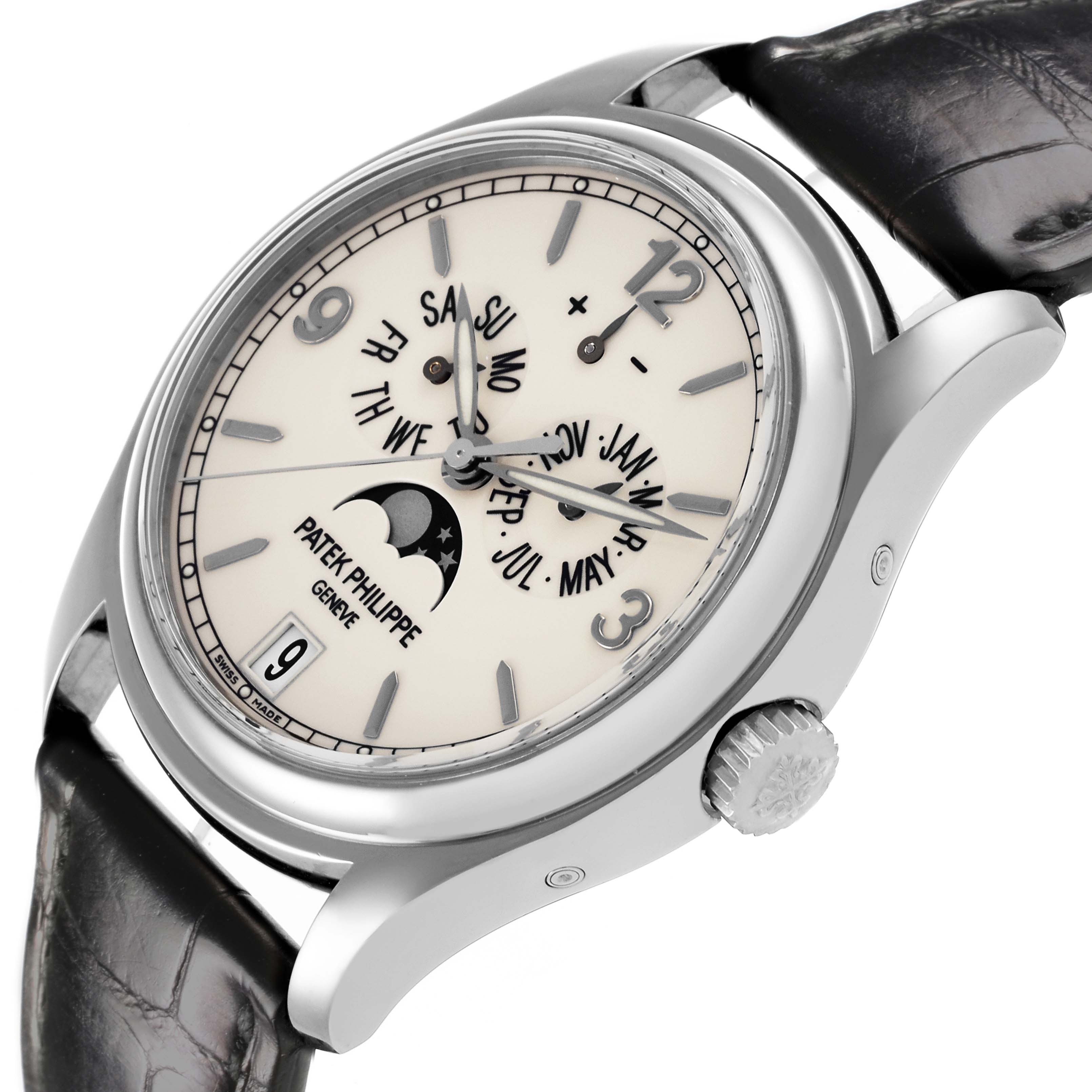The Patek Philippe Calatrava 5146G Men's White Gold White Dial 5146G Men's White Gold White Dial watch is shown at a slight angle, displaying the dial, crown, and leather strap.