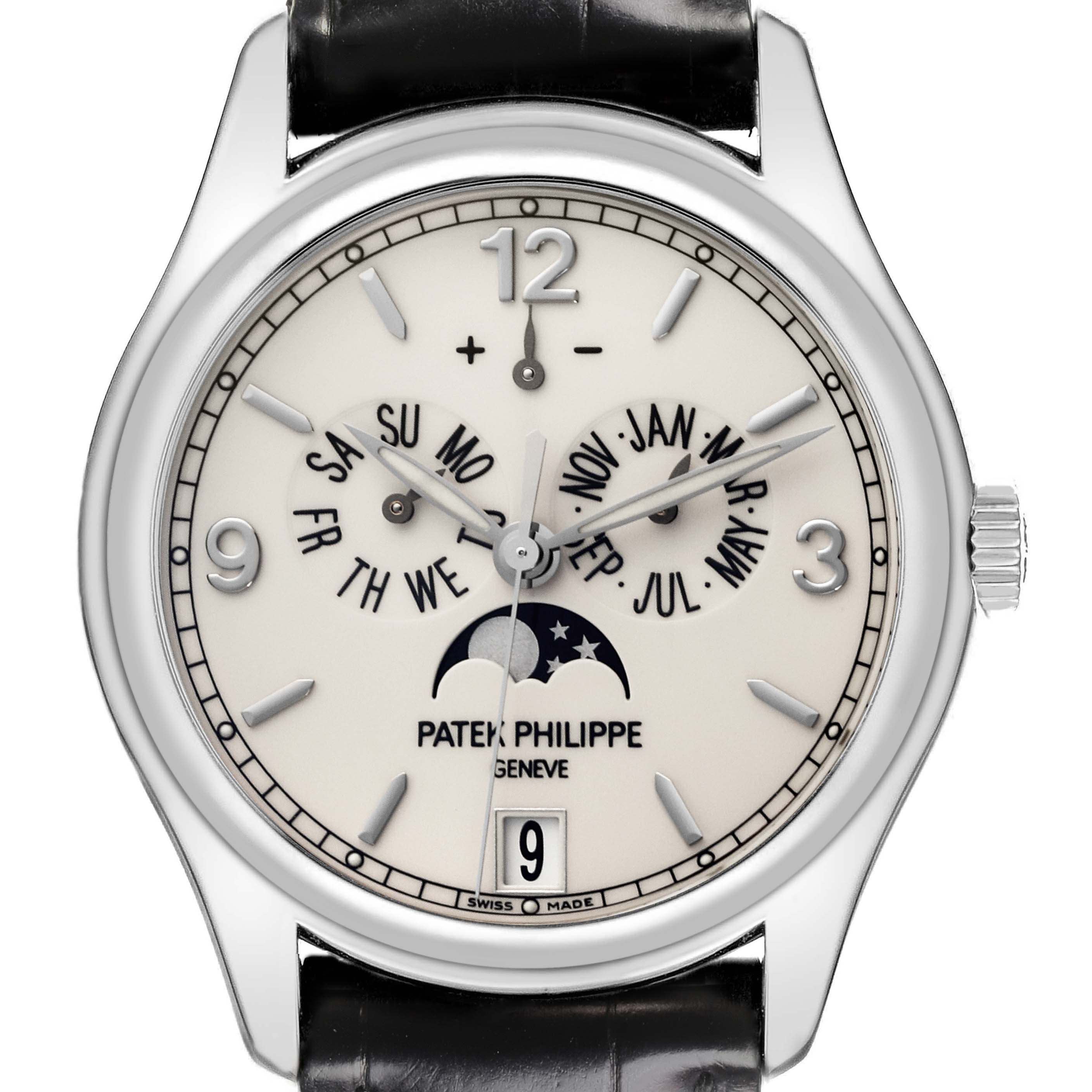 The image shows a front view of the Patek Philippe Calatrava 5146G Men's White Gold White Dial 5146G Men's White Gold White Dial watch, highlighting its dial, hands, and complications.