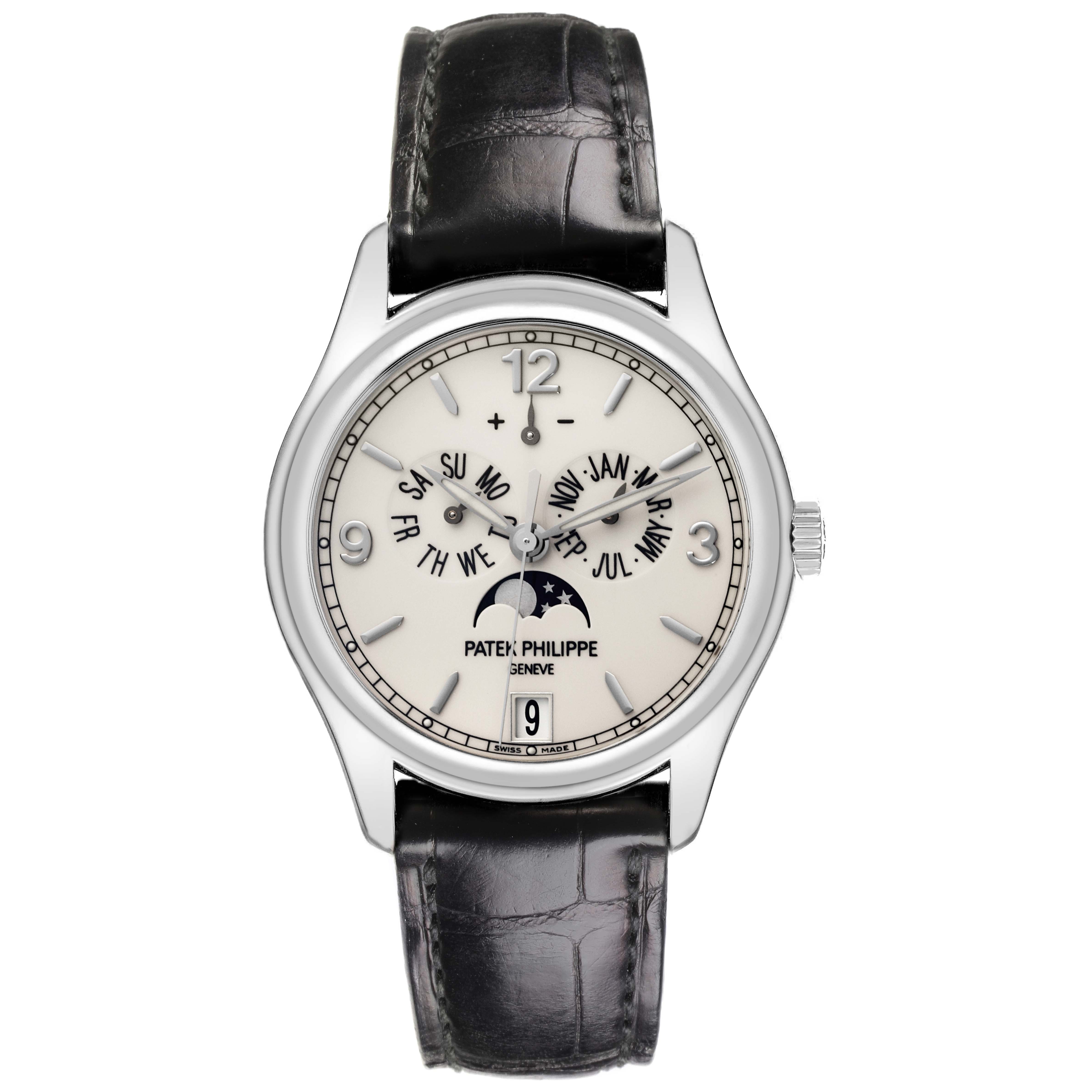 The Patek Philippe Calatrava 5146G Men's White Gold White Dial 5146G Men's White Gold White Dial watch is shown from the front, displaying the dial, hands, leather strap, and additional complications.