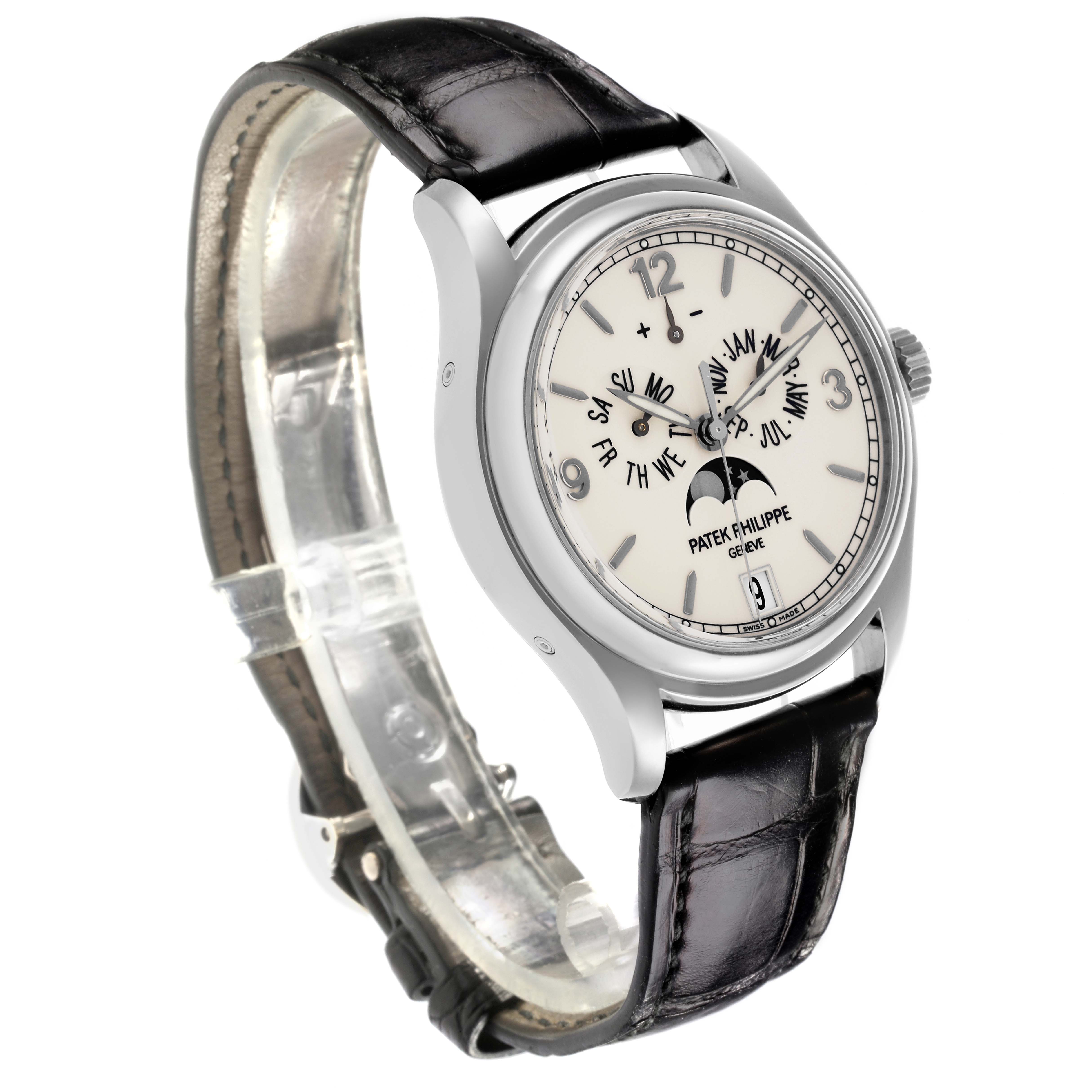 The Patek Philippe Calatrava 5146G Men's White Gold White Dial 5146G Men's White Gold White Dial watch is shown from a front-left angle, displaying the dial, bezel, and leather strap.