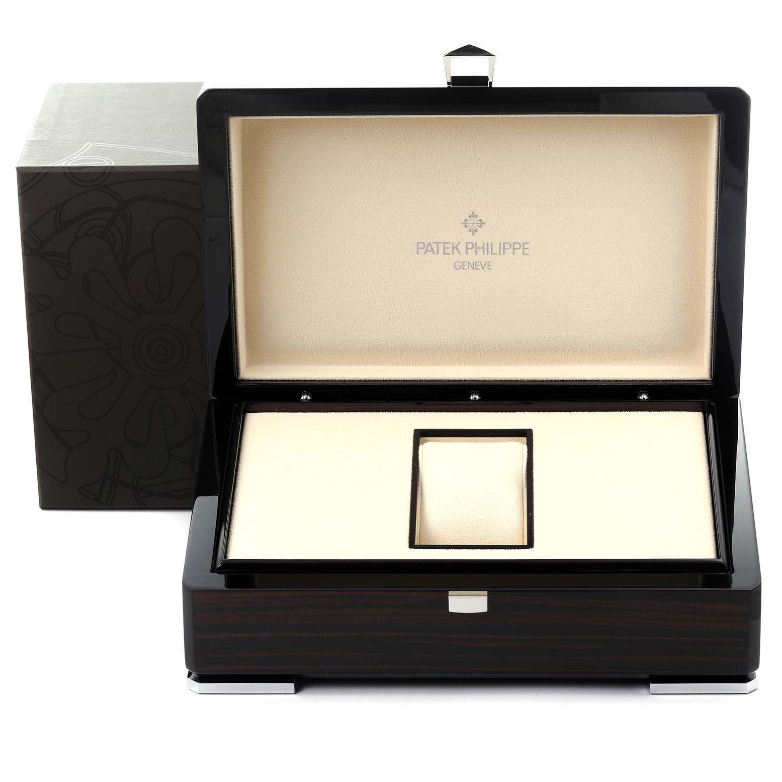 The image shows an open Patek Philippe Calatrava 5146G Men's White Gold White Dial 5146G Men's White Gold White Dial watch box from a front angle, displaying its interior compartments.