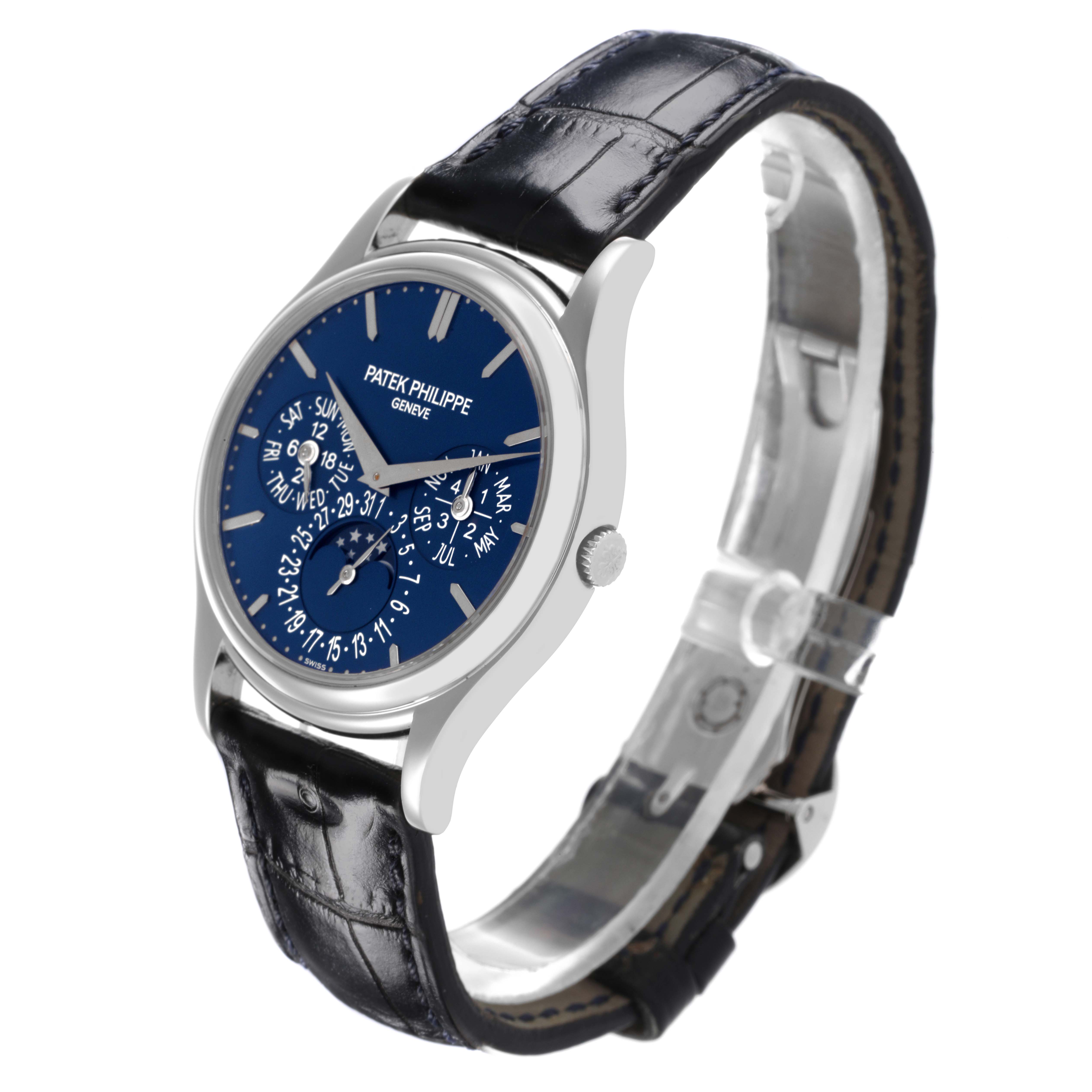 The Patek Philippe Complications 5140P-001 Men's Platinum Blue Dial 5140P-001 Men's Platinum Blue Dial watch is shown at a three-quarter angle, highlighting the face, dial, and leather strap.