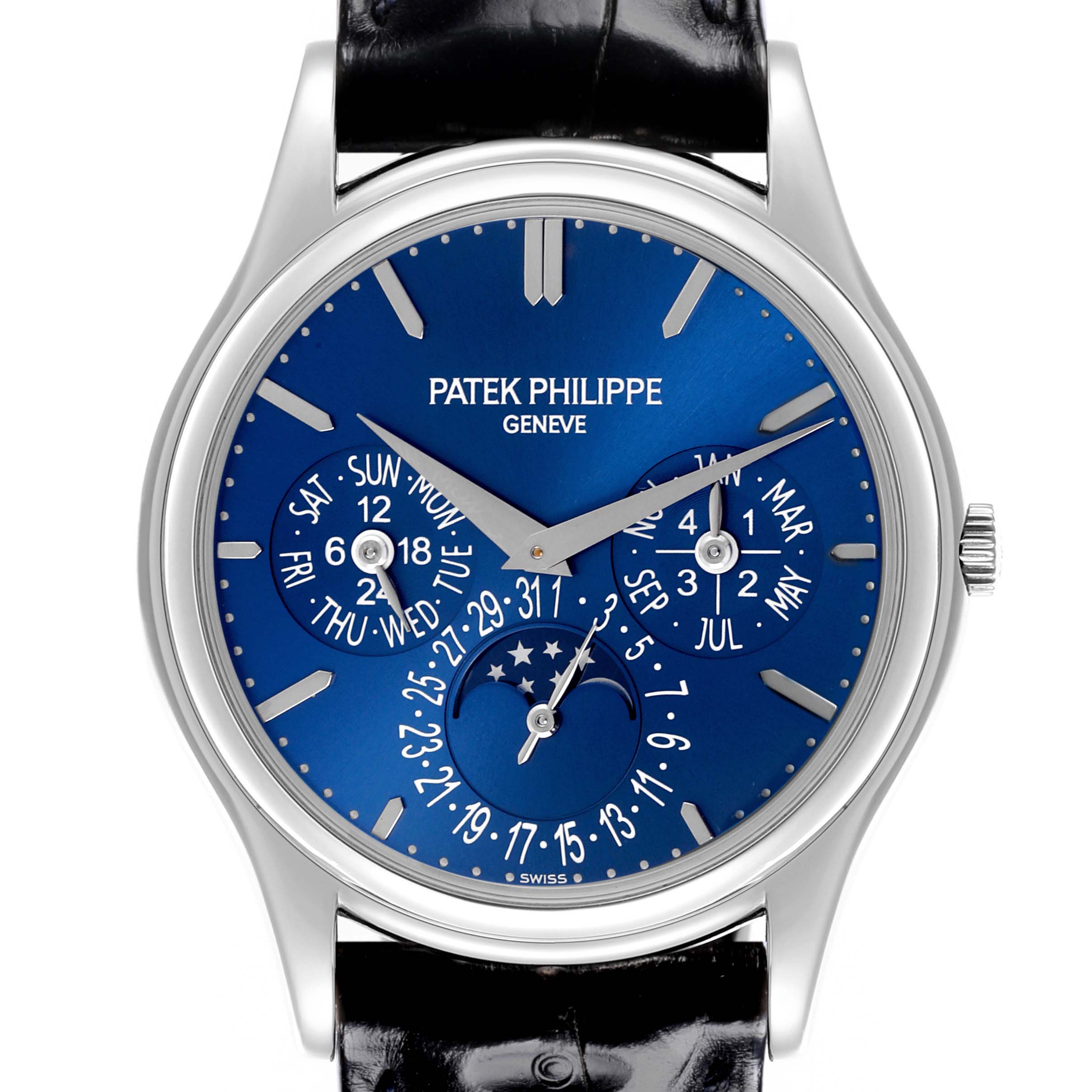 The image shows a frontal view of the Patek Philippe Complications 5140P-001 Men's Platinum Blue Dial 5140P-001 Men's Platinum Blue Dial watch, highlighting the dial and subdials.