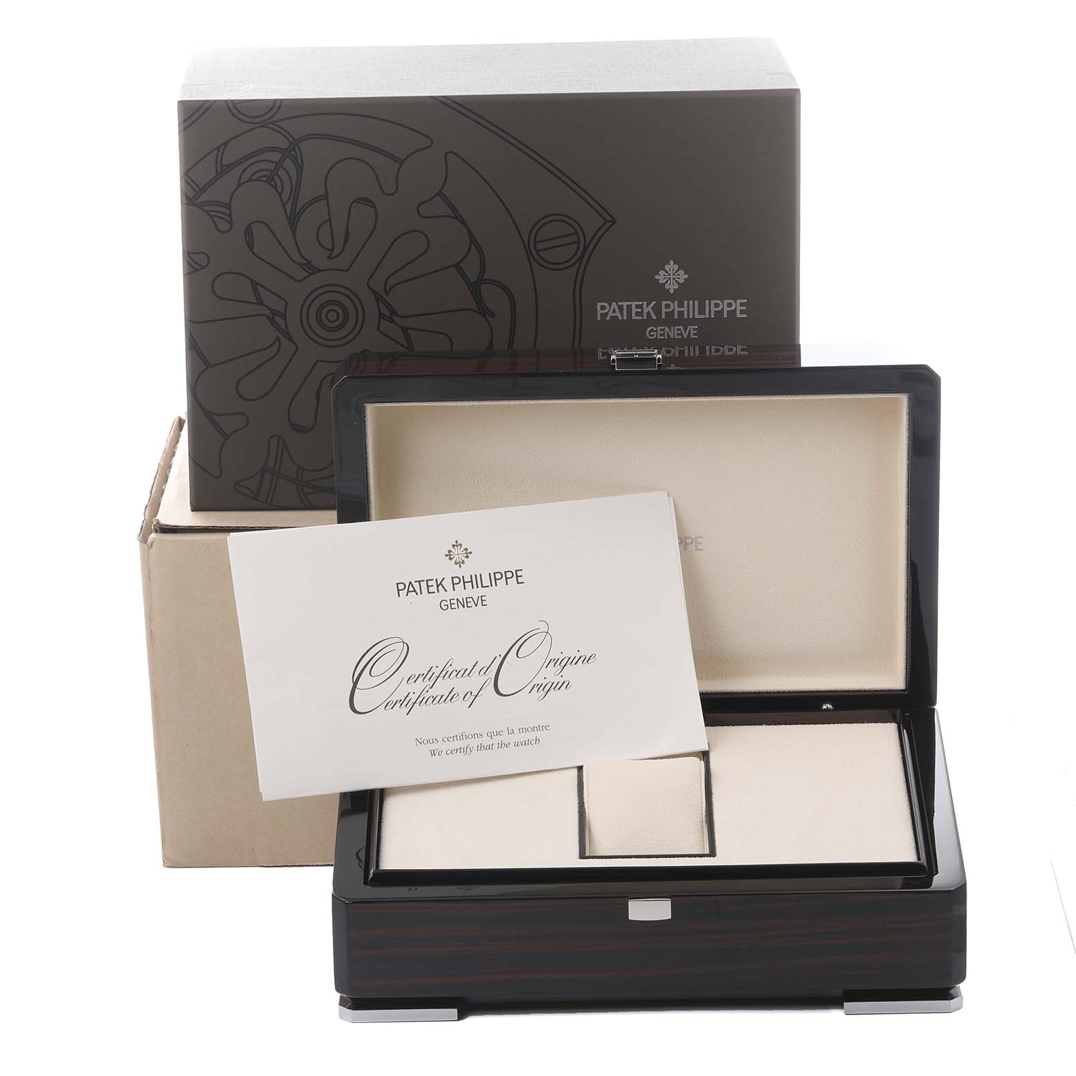 The image shows the packaging and certificate for a Patek Philippe Complications 5140P-001 Men's Platinum Blue Dial 5140P-001 Men's Platinum Blue Dial watch, featuring an open box and certificate.