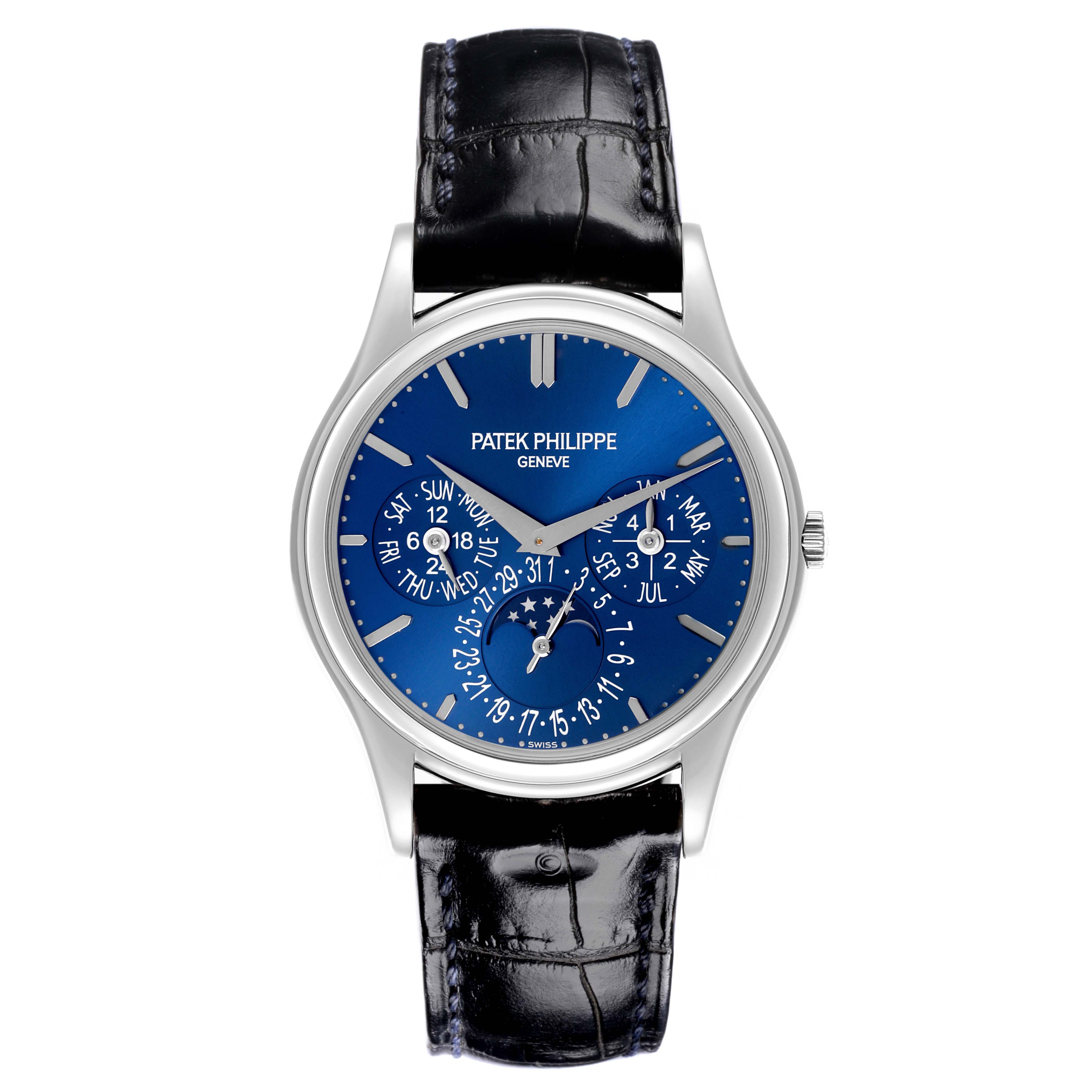 The Patek Philippe Complications 5140P-001 Men's Platinum Blue Dial 5140P-001 Men's Platinum Blue Dial watch is shown from the front, displaying the blue dial, silver hands, and black leather strap.