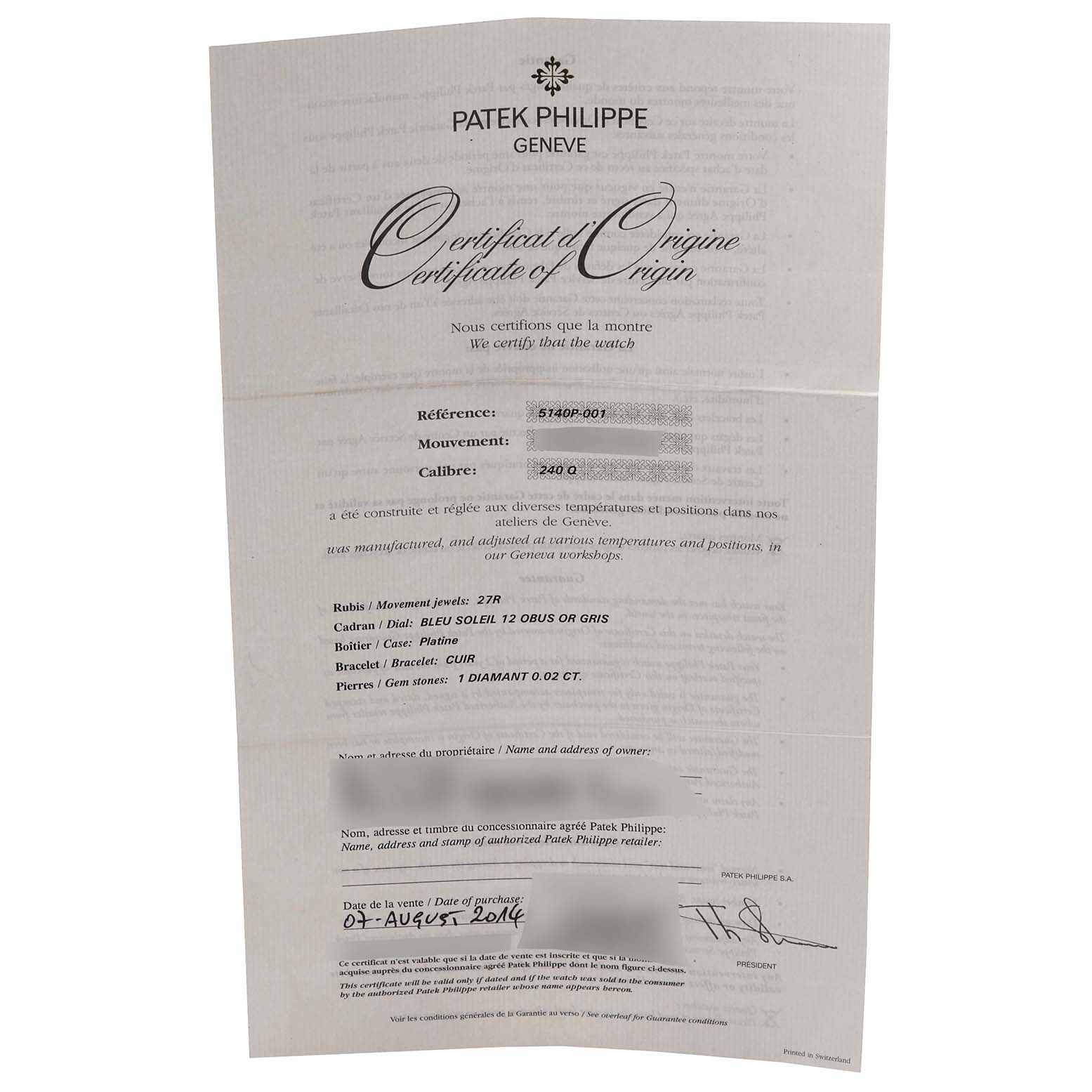 The image shows a certificate of origin for the Patek Philippe Complications 5140P-001 Men's Platinum Blue Dial 5140P-001 Men's Platinum Blue Dial model, detailing specifications and authenticity.