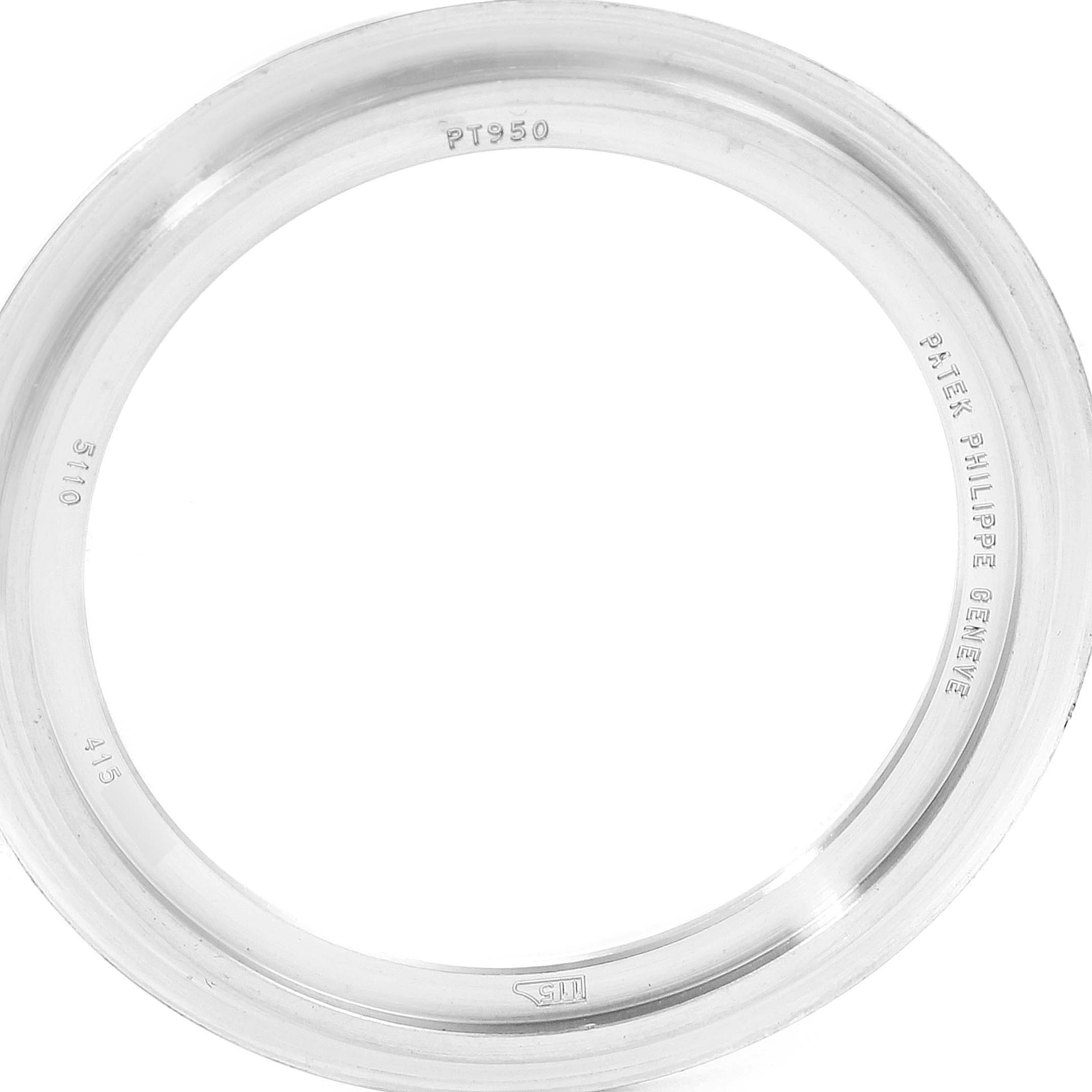 This is a close-up image of the bezel for the Patek Philippe Complications 5110P Men
s Platinum Silver Dial 5110P Men
s Platinum Silver Dial model watch.