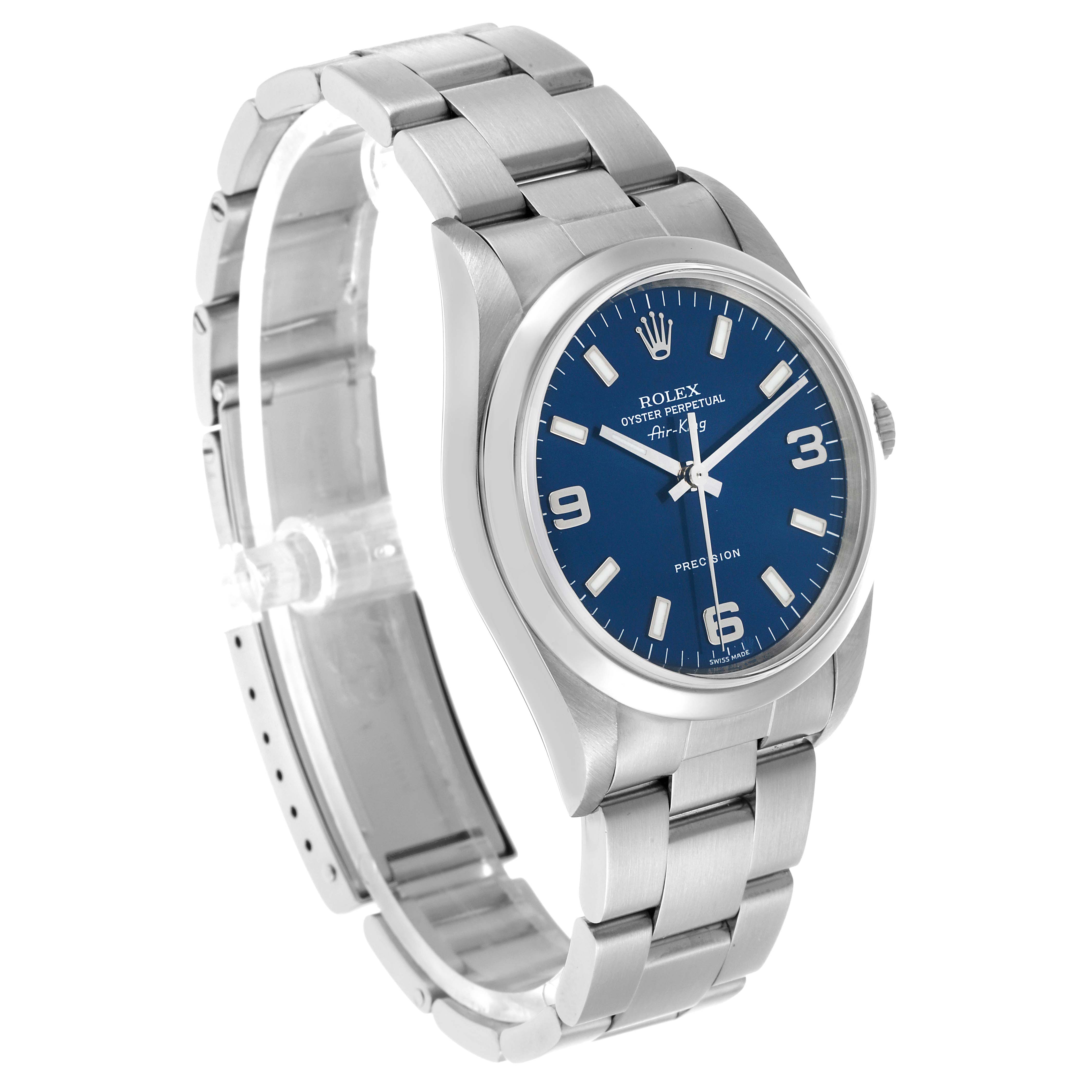 The Rolex Air-King 14000 Men's Stainless Steel Blue Dial watch is shown at a three-quarter angle highlighting the blue dial, case, and full bracelet.
