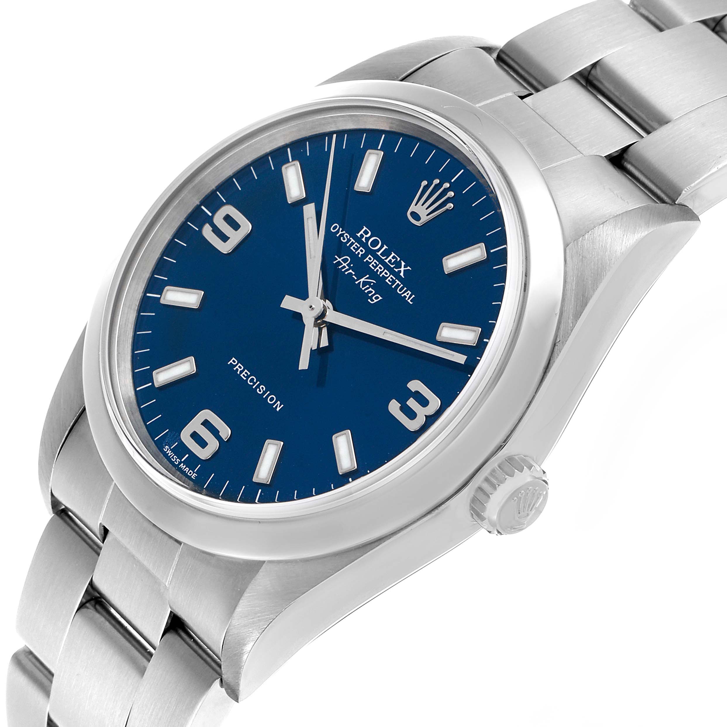 The Rolex Air-King 14000 Men's Stainless Steel Blue Dial watch is shown at an angled side view, displaying the blue dial, crown, and bracelet links.