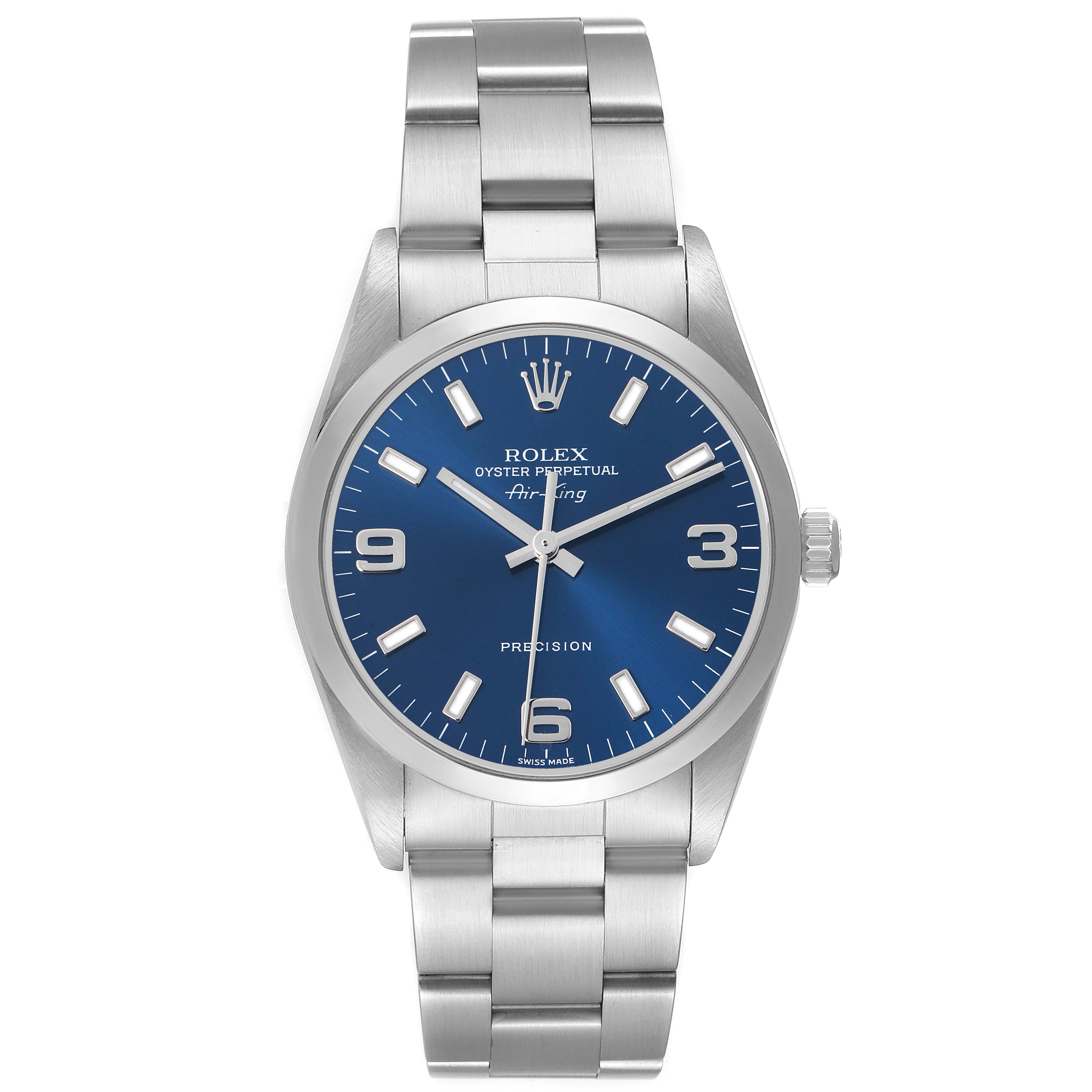 The Rolex Air-King 14000 Men's Stainless Steel Blue Dial watch is shown from the front, displaying its blue dial and stainless steel bracelet clearly.