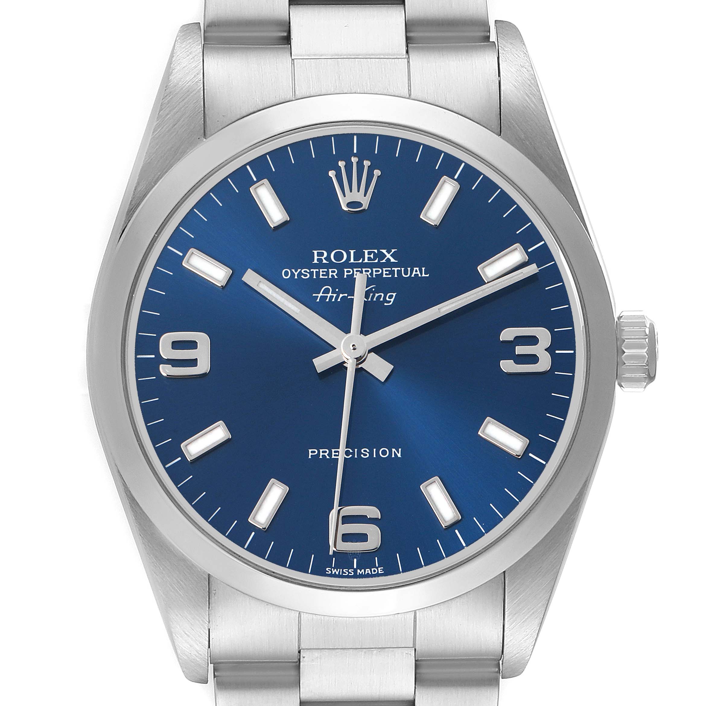 The Rolex Air-King 14000 Men's Stainless Steel Blue Dial watch is shown from a front angle, displaying the dial, hands, crown, and part of the bracelet.