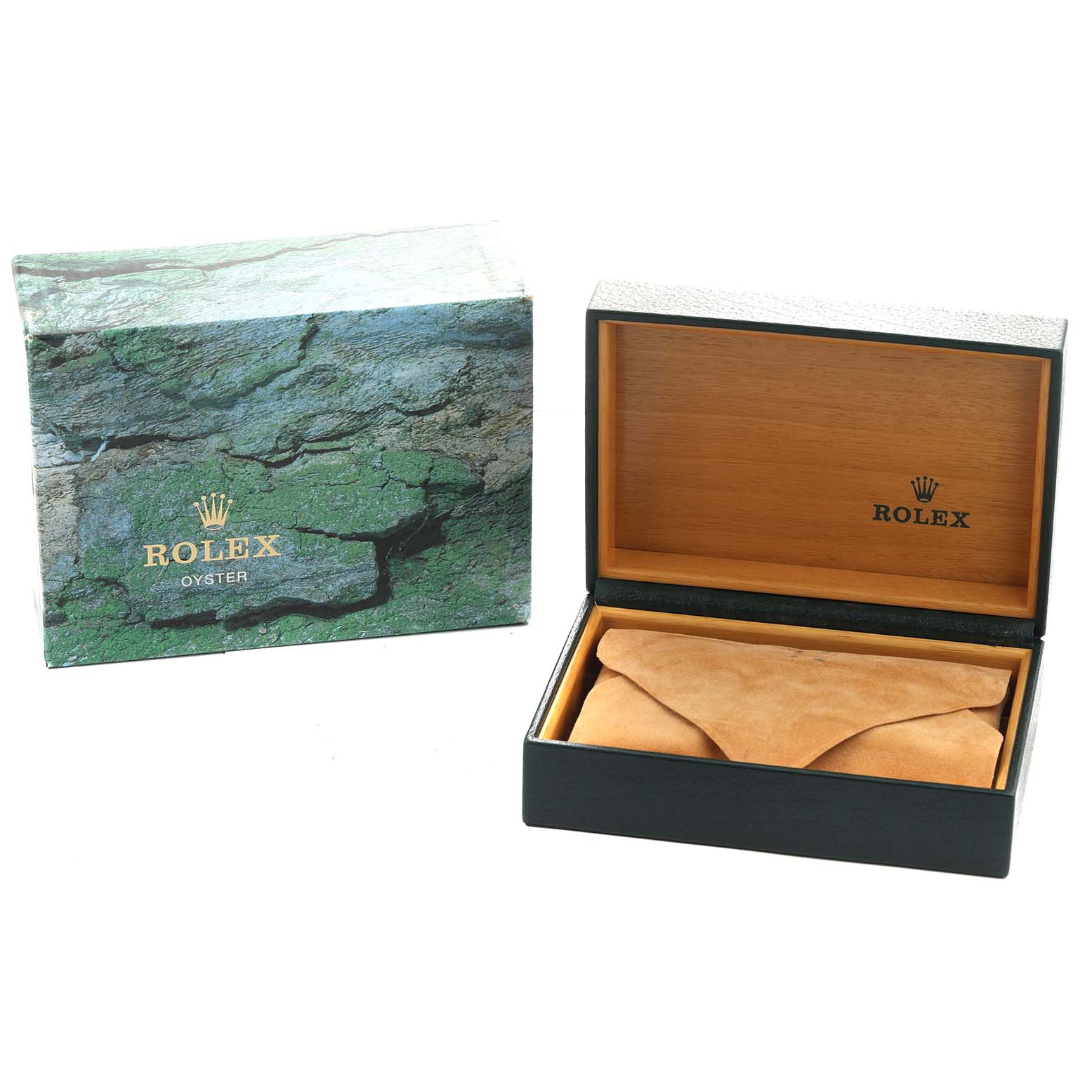 The image shows a Rolex Air-King 14000 Men's Stainless Steel Blue Dial watch box and outer box at an angle, revealing the interior lined with a tan fabric.