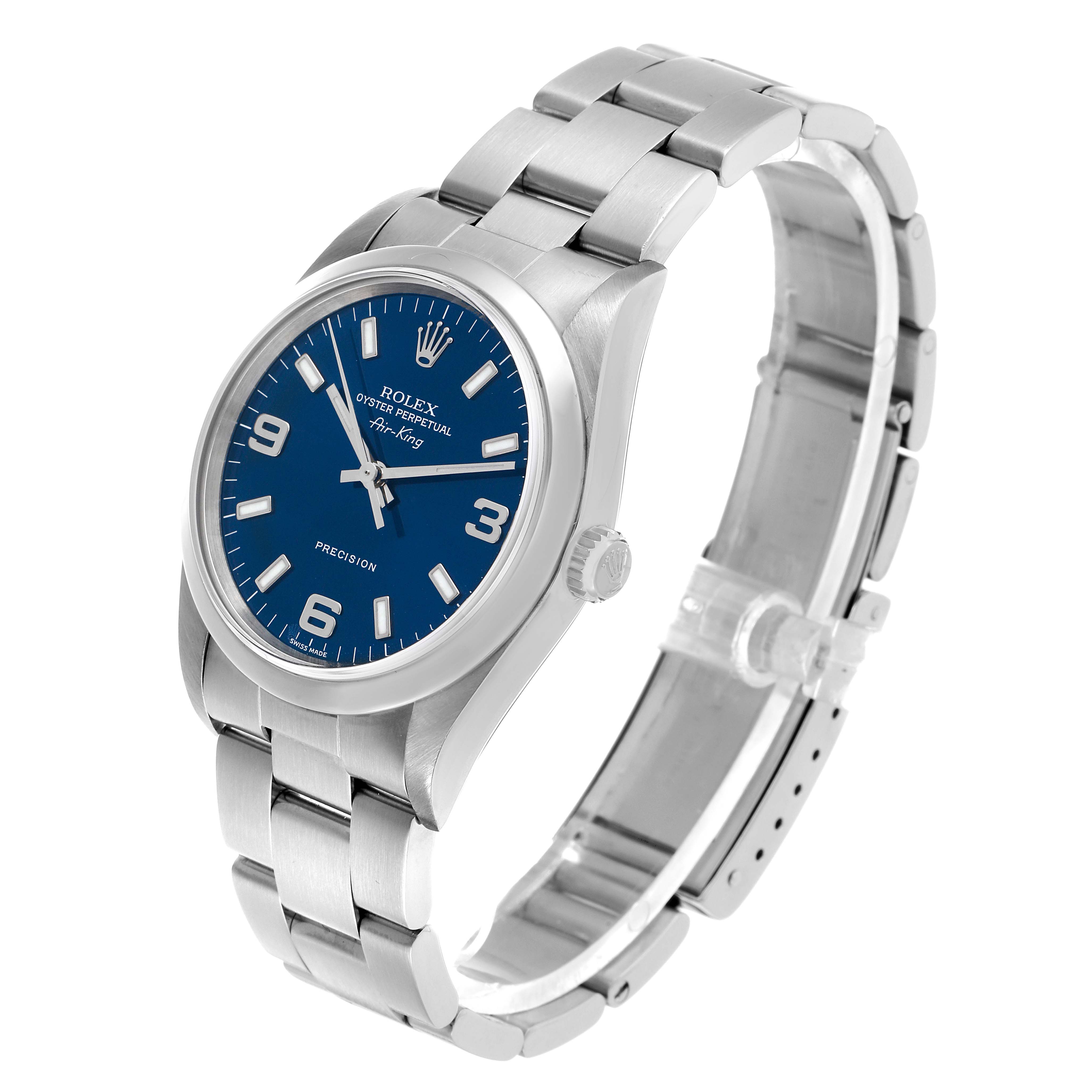 The Rolex Air-King 14000 Men's Stainless Steel Blue Dial watch is shown at a three-quarter angle, displaying the face, bezel, crown, and bracelet.