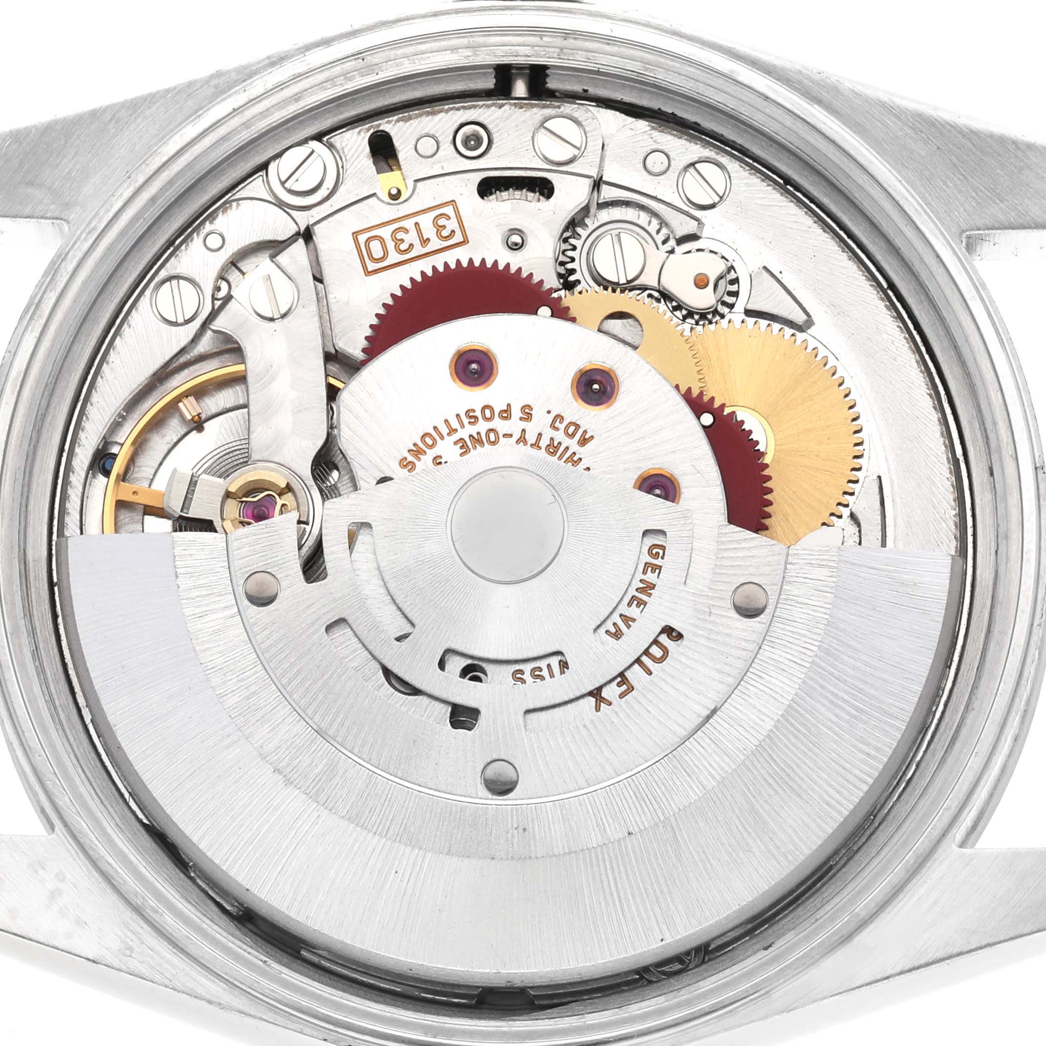 The image shows a close-up of the Rolex Air-King 14000 Men's Stainless Steel Blue Dial watch movement from the back, highlighting the intricate gears and components.