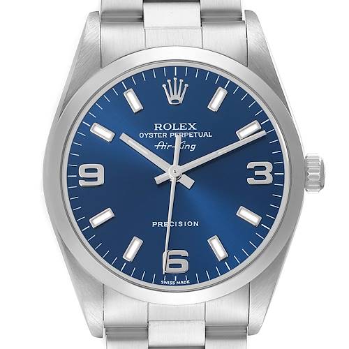 The Rolex Air-King 14000 Men's Stainless Steel Blue Dial watch is shown from a straight-on angle, displaying its blue dial, crown, and part of the bracelet.