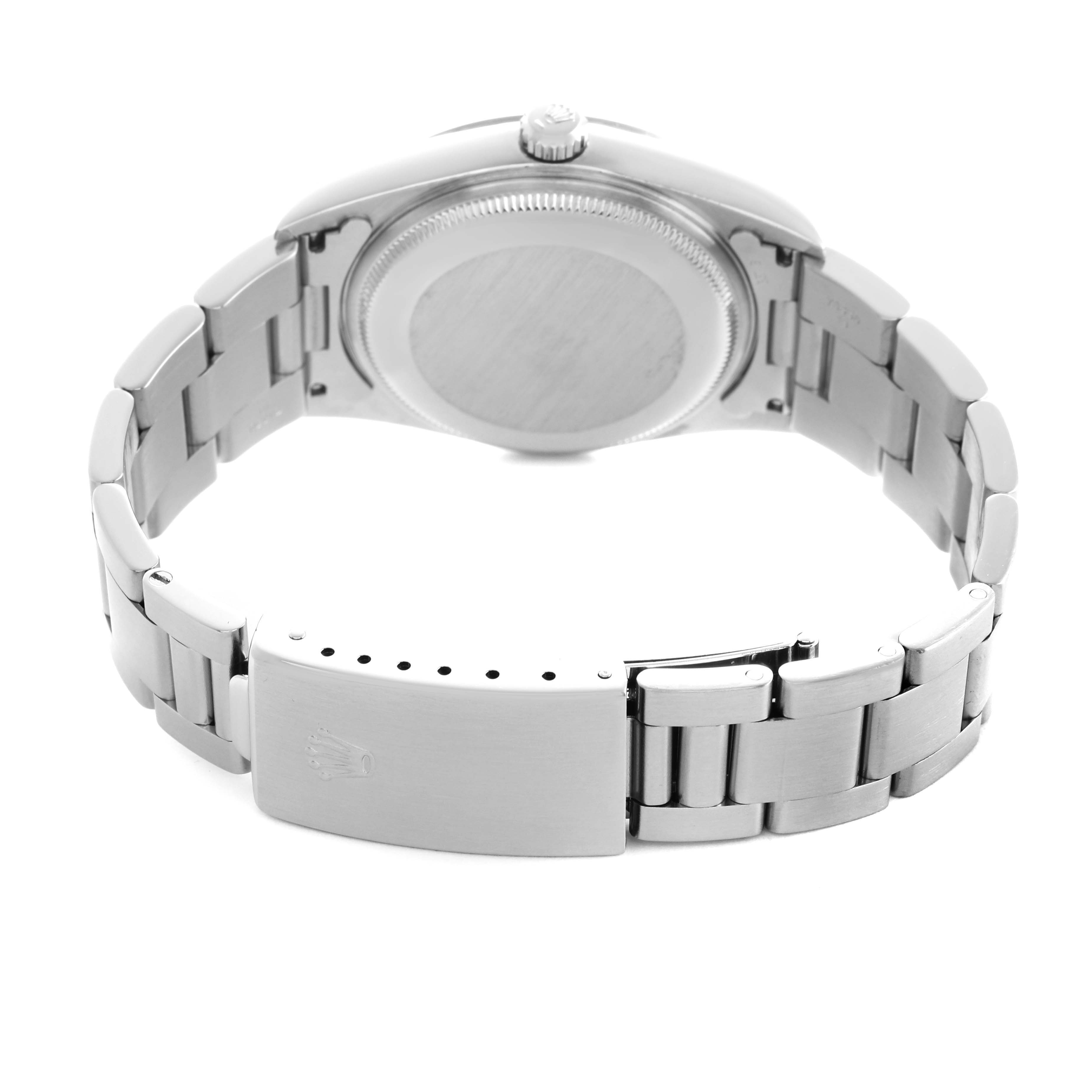 The Rolex Air-King 14000 Men's Stainless Steel Blue Dial watch is shown from the back, highlighting its case, bracelet, and clasp.