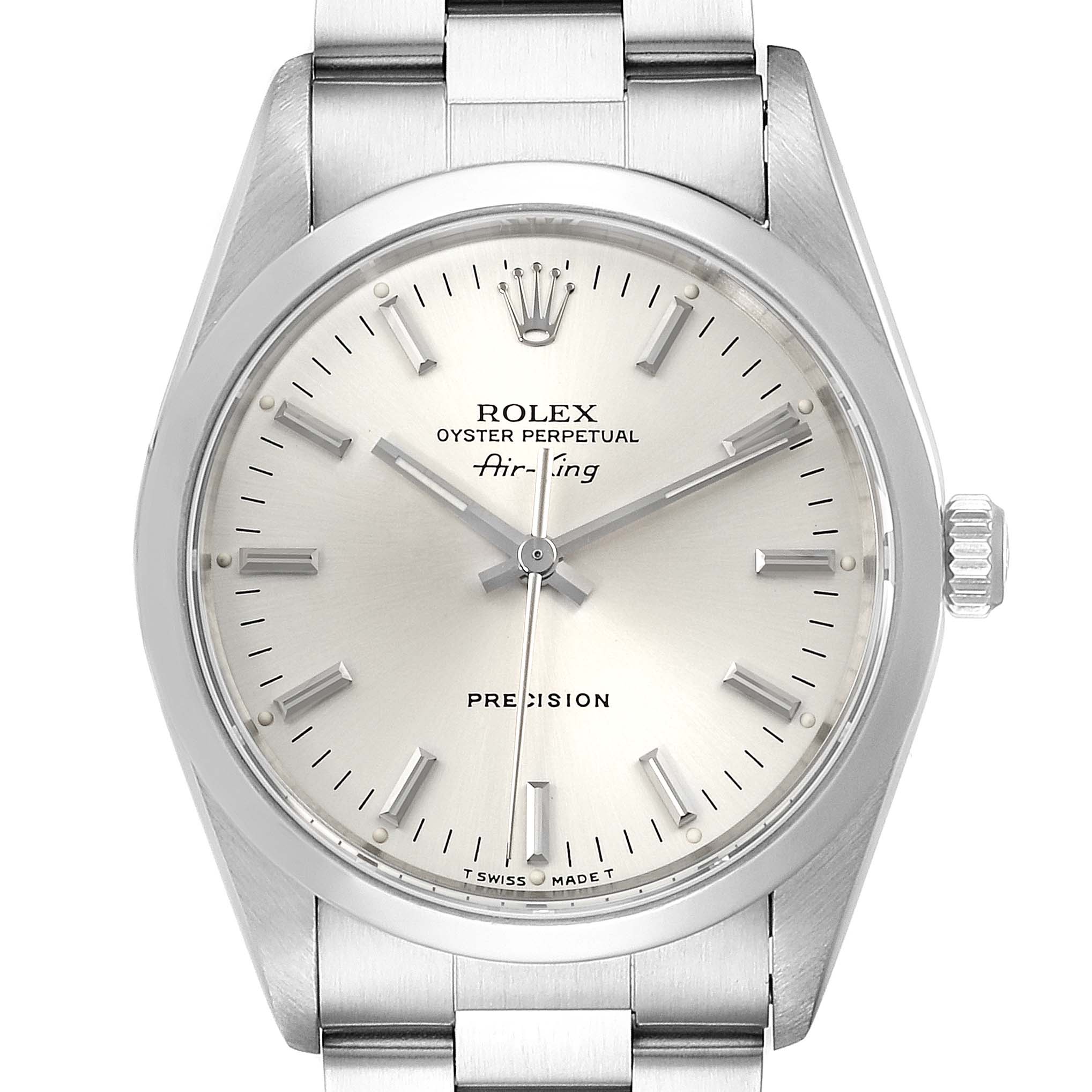 This is a front view of the Rolex Air-King 14000 Men's Stainless Steel Silver Dial 14000 Men's Stainless Steel Silver Dial watch, showing the face, bezel, crown, and part of the bracelet.