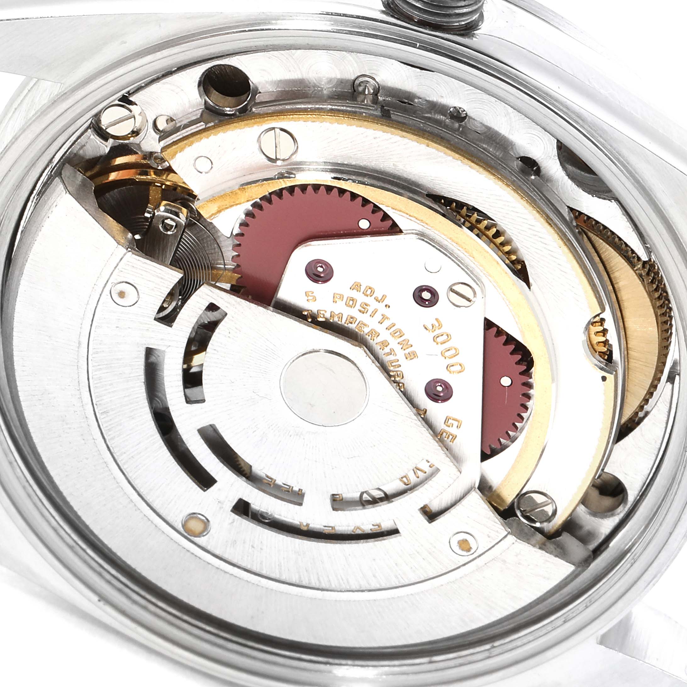 The image shows a close-up view of the mechanical movement inside a Rolex Air-King 14000 Men's Stainless Steel Silver Dial 14000 Men's Stainless Steel Silver Dial watch from the back angle.
