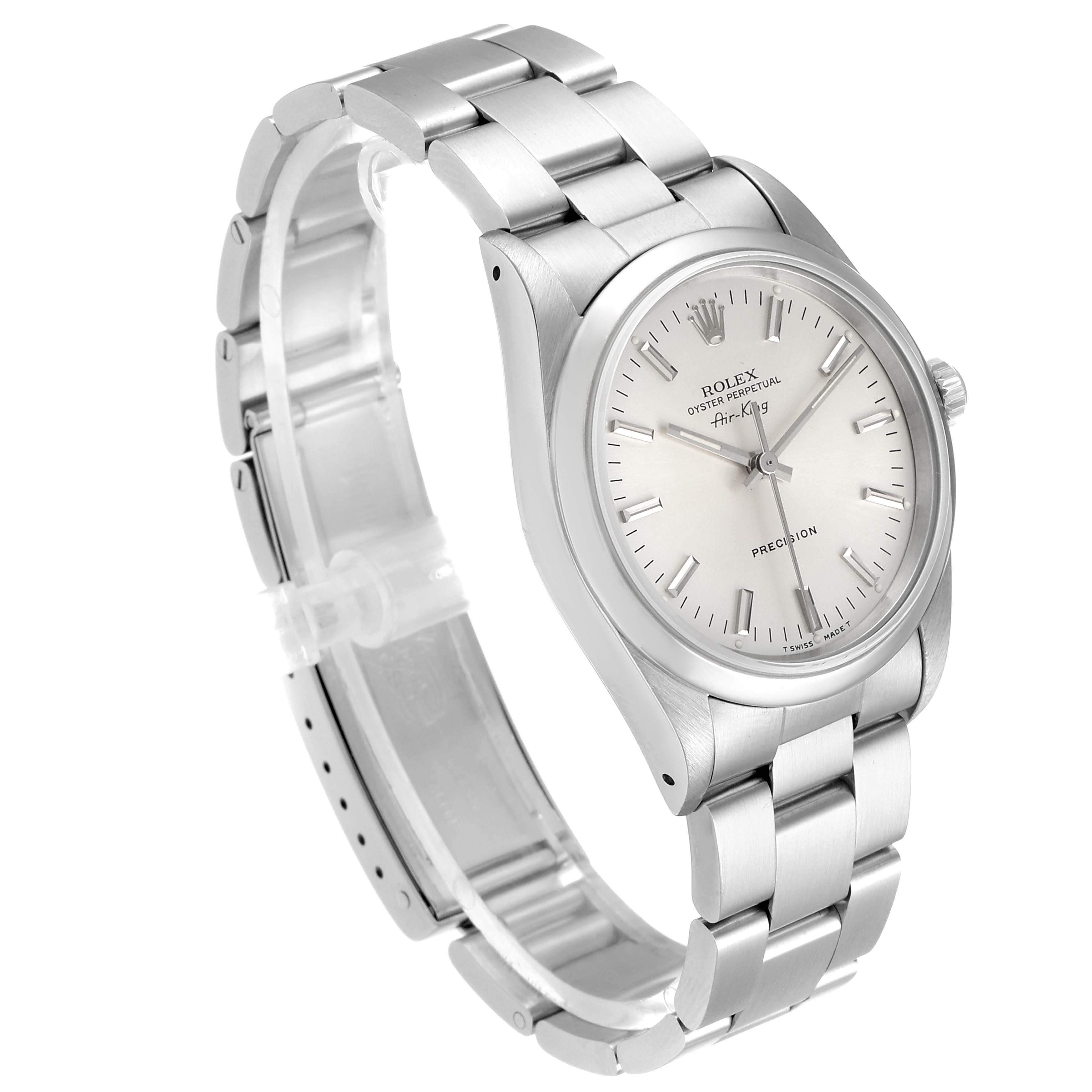The image shows a side-angle view of a Rolex Air-King 14000 Men's Stainless Steel Silver Dial 14000 Men's Stainless Steel Silver Dial watch, displaying its face, crown, and metal bracelet.