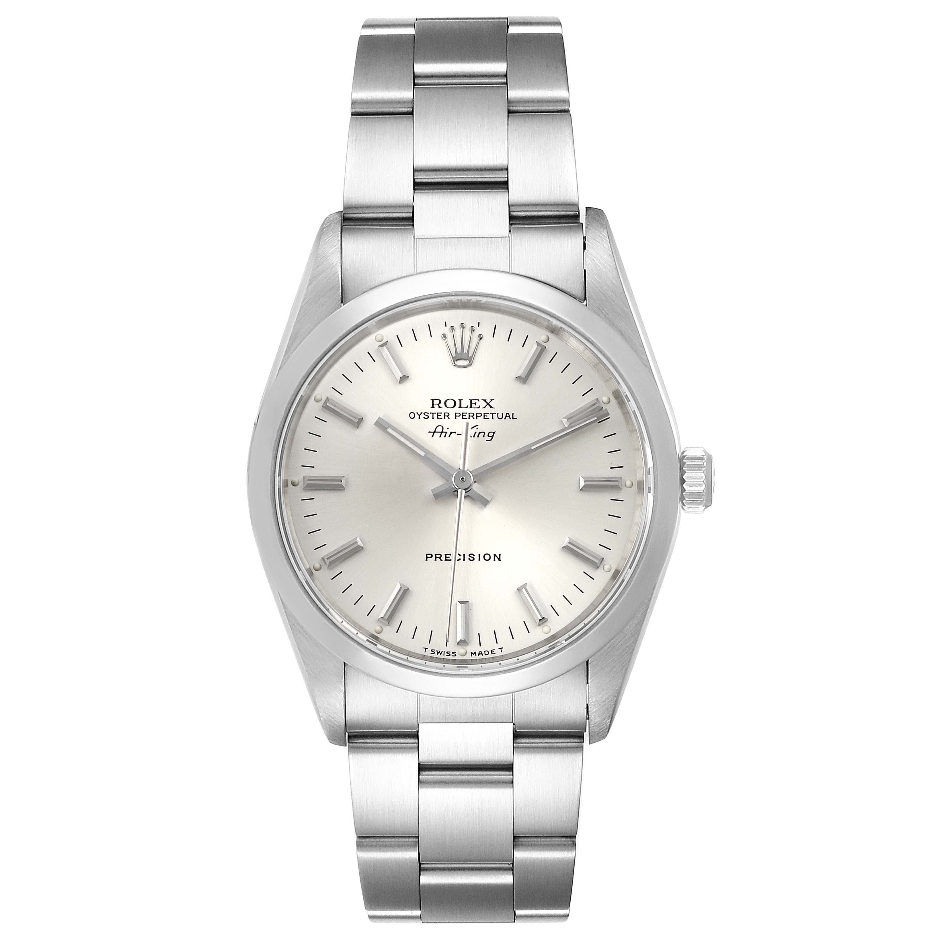 The Rolex Air-King 14000 Men's Stainless Steel Silver Dial 14000 Men's Stainless Steel Silver Dial watch is shown from a direct front view, displaying the dial, crown, and bracelet.
