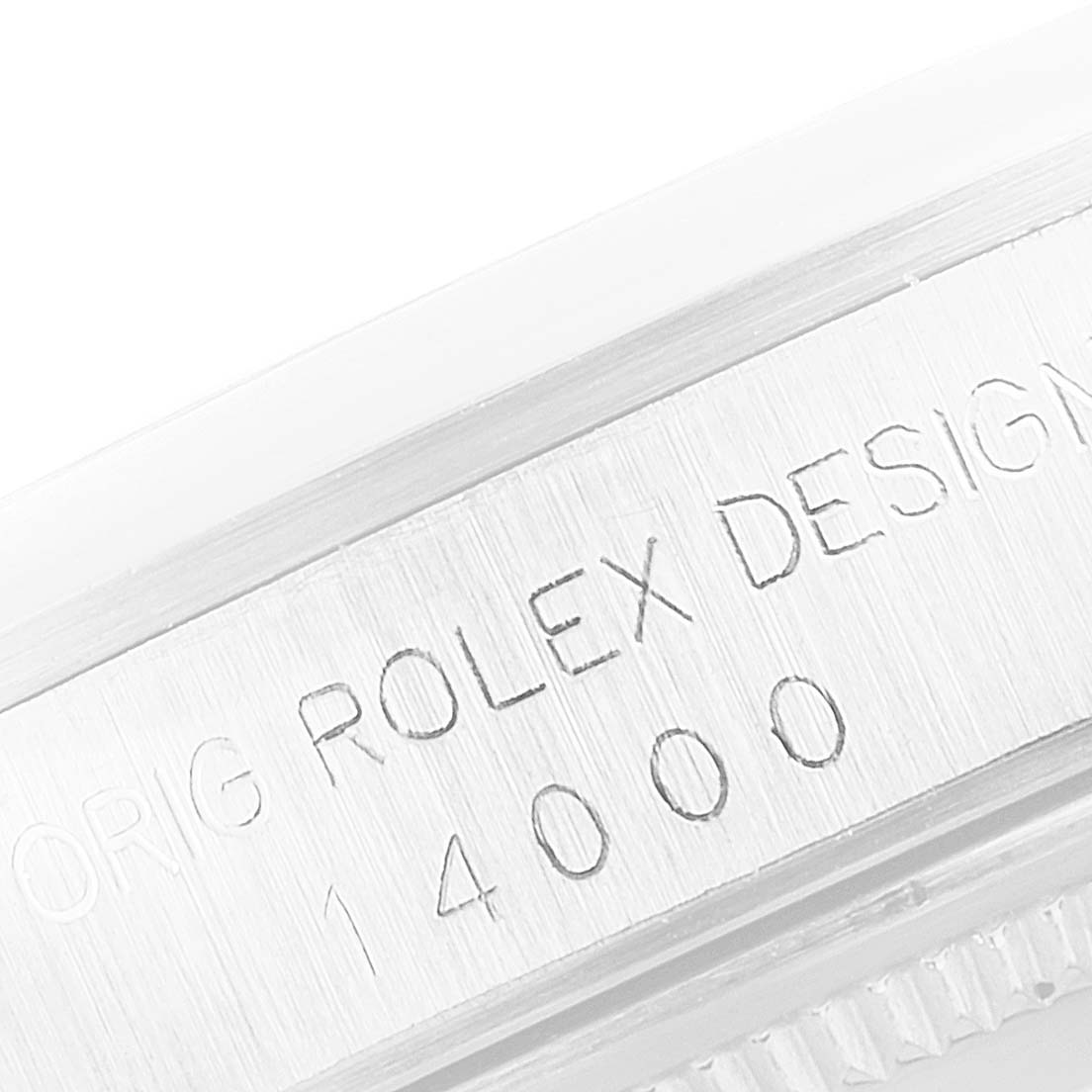 This is a close-up of the engraving on the side of a Rolex Air-King 14000 Men's Stainless Steel Silver Dial 14000 Men's Stainless Steel Silver Dial watch, showing the model number.