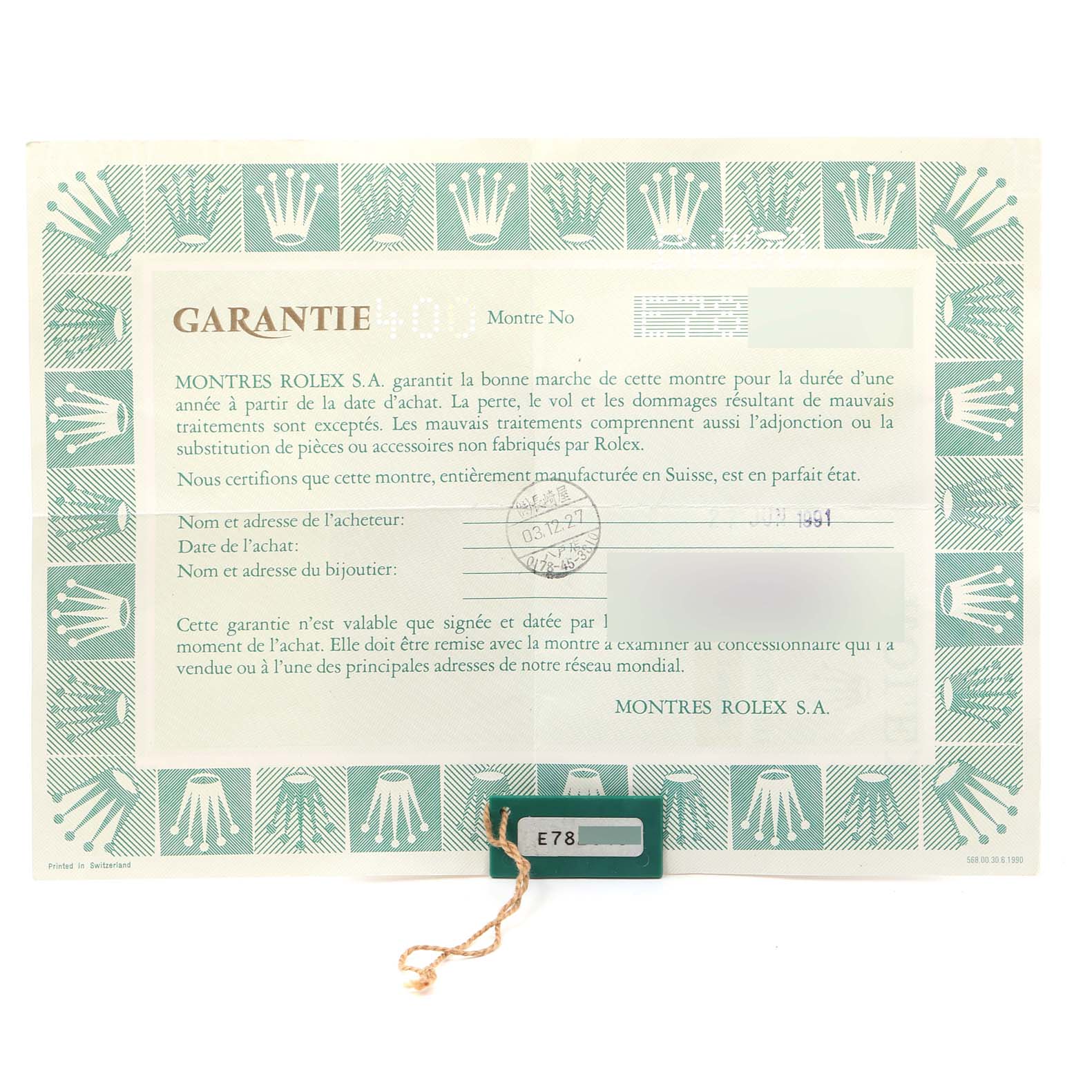 The image shows a warranty certificate for a Rolex Air-King 14000 Men's Stainless Steel Silver Dial 14000 Men's Stainless Steel Silver Dial watch, captured from an overhead angle.