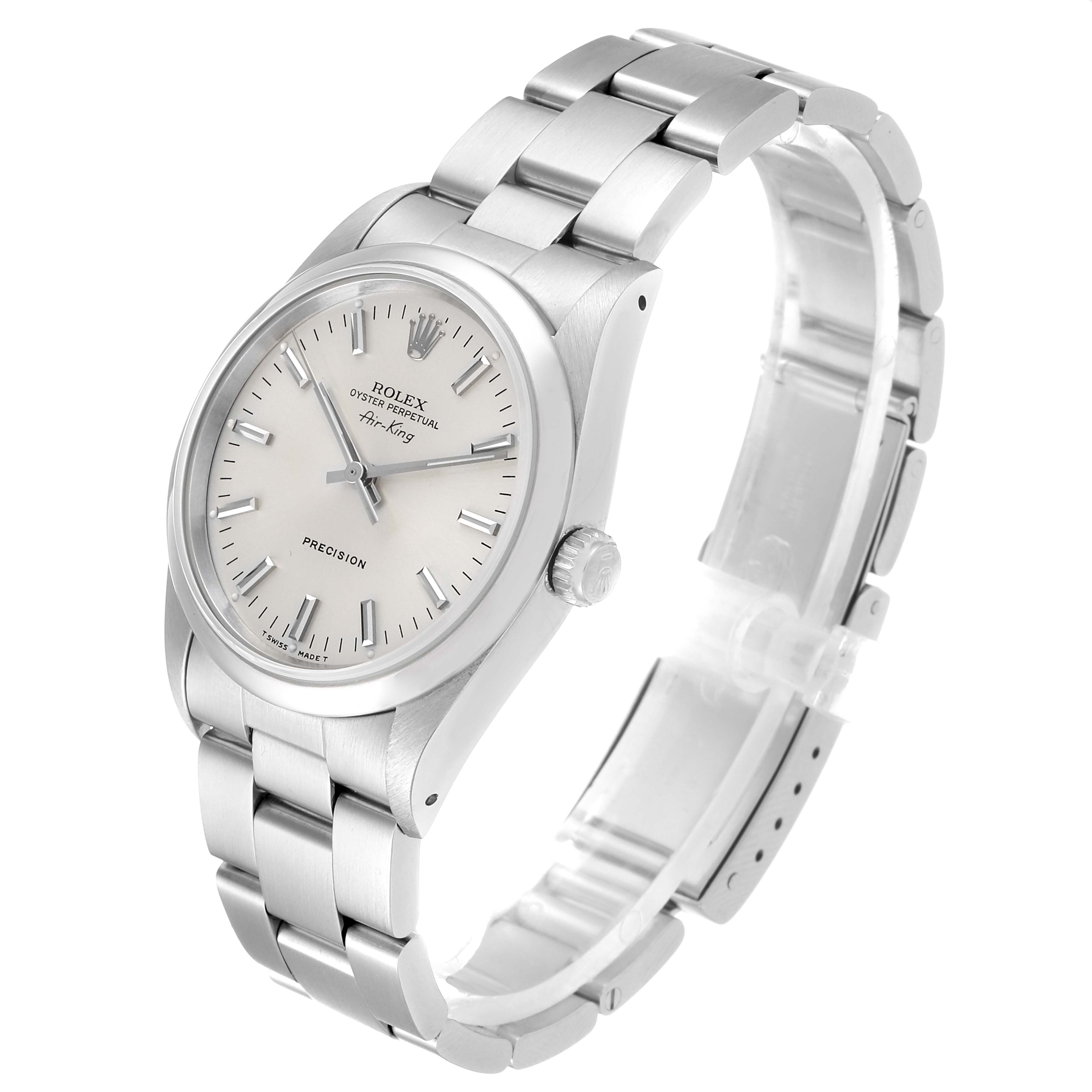 The image shows a Rolex Air-King 14000 Men's Stainless Steel Silver Dial 14000 Men's Stainless Steel Silver Dial watch angled from the front left, highlighting its face, bezel, crown, and bracelet.