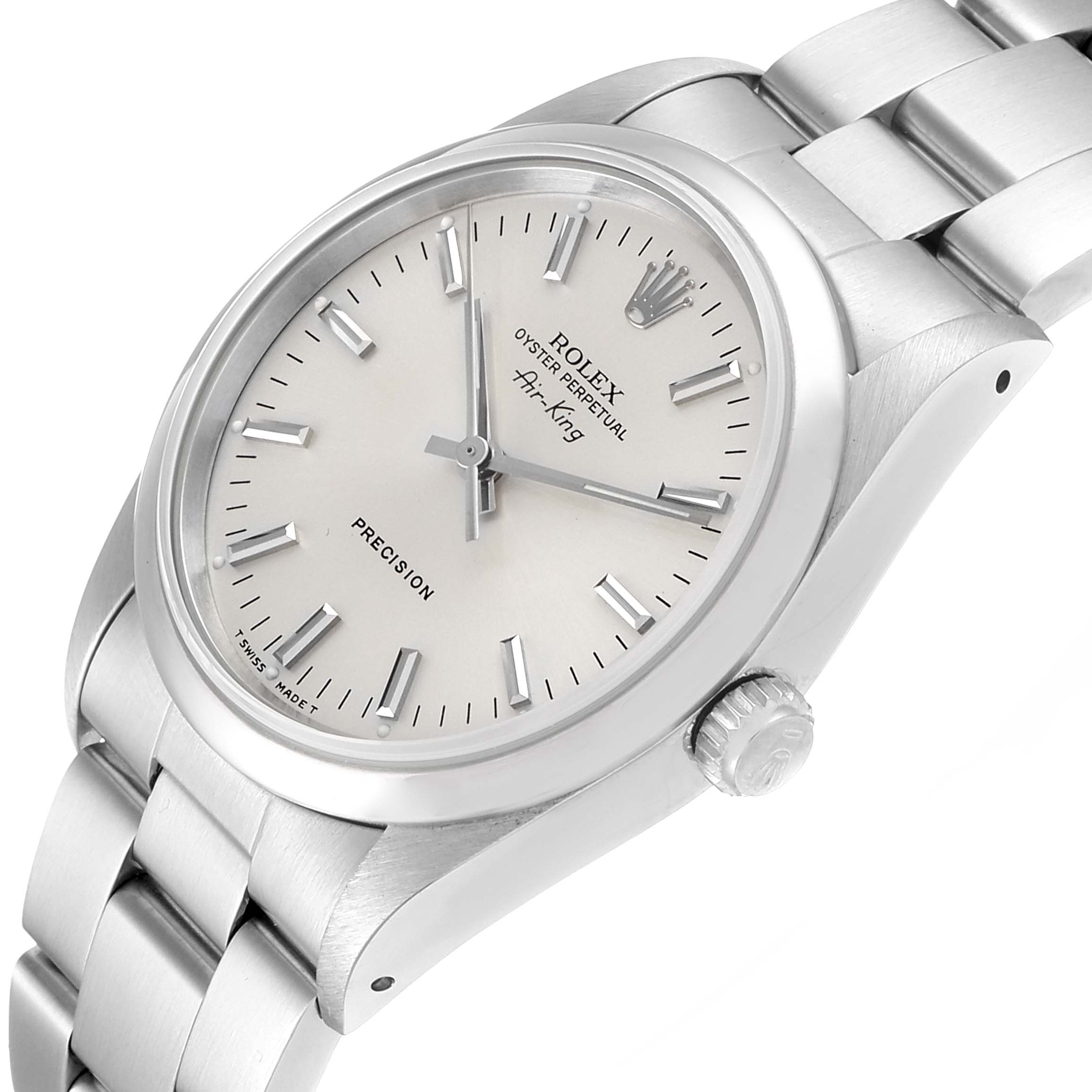 This image shows a Rolex Air-King 14000 Men's Stainless Steel Silver Dial 14000 Men's Stainless Steel Silver Dial watch with a silver dial, bezel, crown, and bracelet angled slightly from the side.