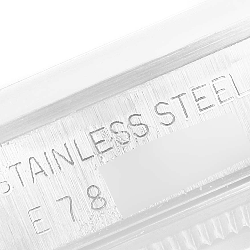 This is a close-up of the stainless steel engravings on the case of a Rolex Air-King 14000 Men's Stainless Steel Silver Dial 14000 Men's Stainless Steel Silver Dial watch.