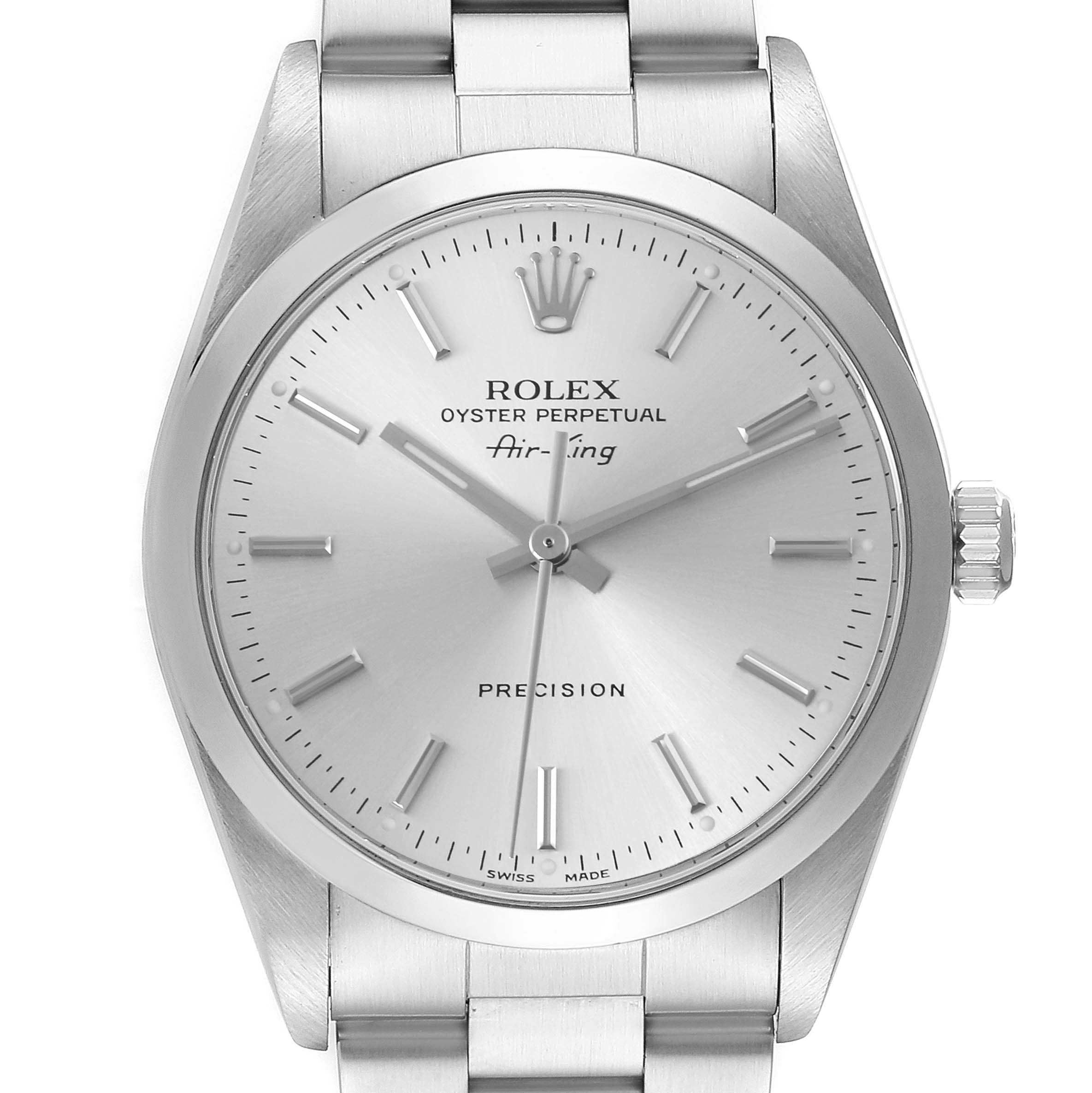 The Rolex Air-King 14000M Men's Stainless Steel Silver Dial 14000M Men's Stainless Steel Silver Dial watch is shown from a front angle, featuring its dial, hands, crown, and part of the bracelet.
