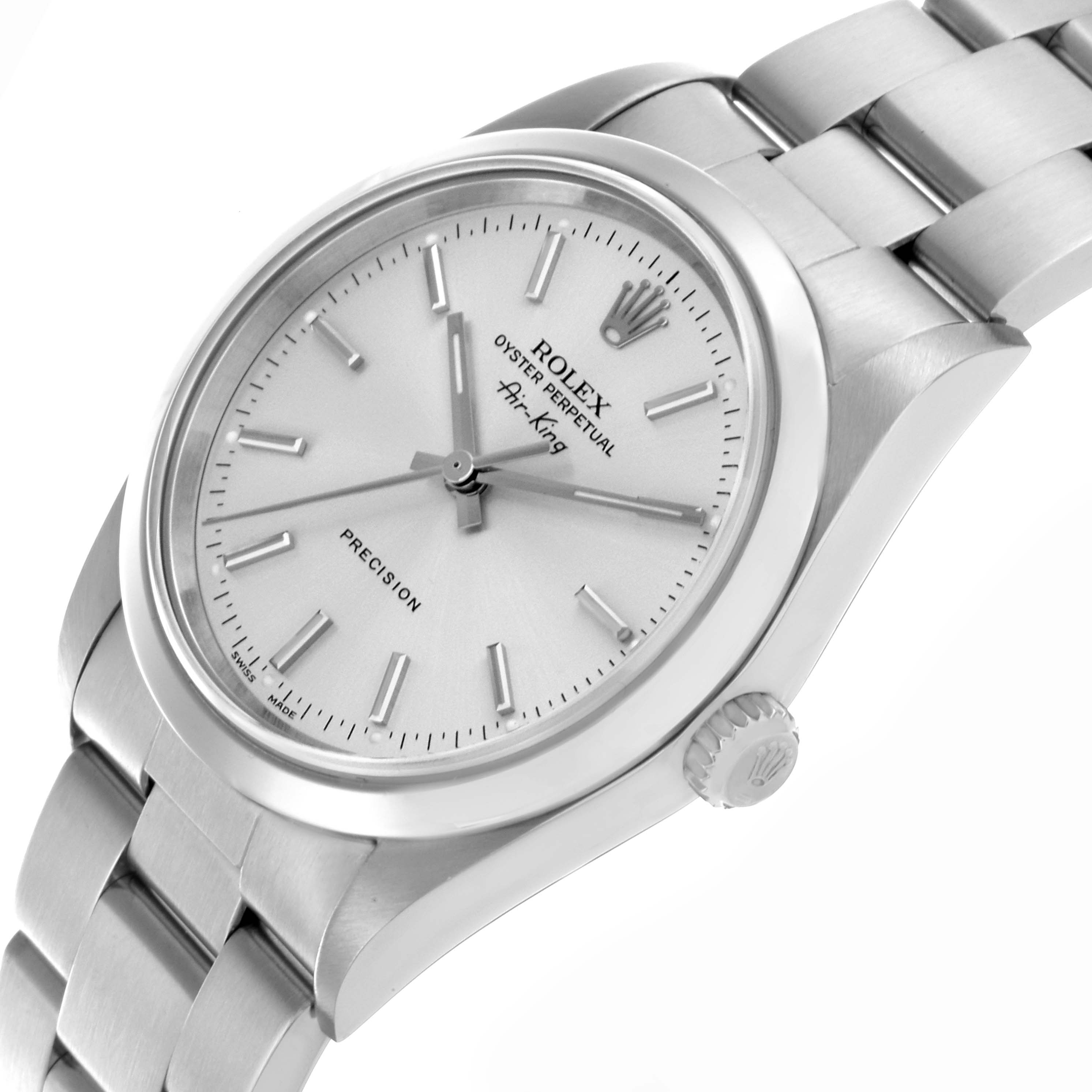 The image shows a slanted view of the Rolex Air-King 14000M Men's Stainless Steel Silver Dial 14000M Men's Stainless Steel Silver Dial, highlighting the dial, hands, crown, and part of the bracelet.