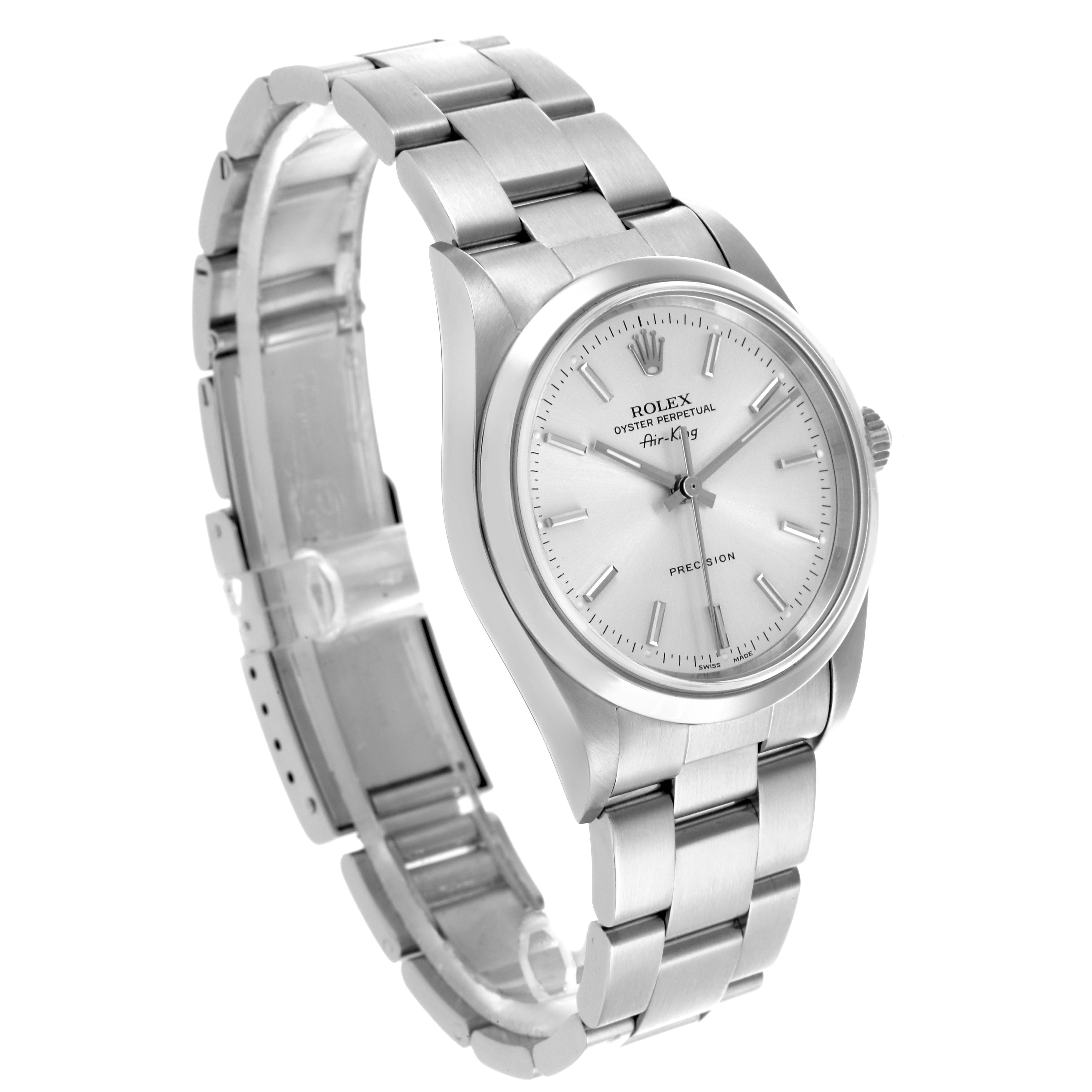The Rolex Air-King 14000M Men's Stainless Steel Silver Dial 14000M Men's Stainless Steel Silver Dial watch is shown from a three-quarter angle, highlighting the face, crown, and bracelet.