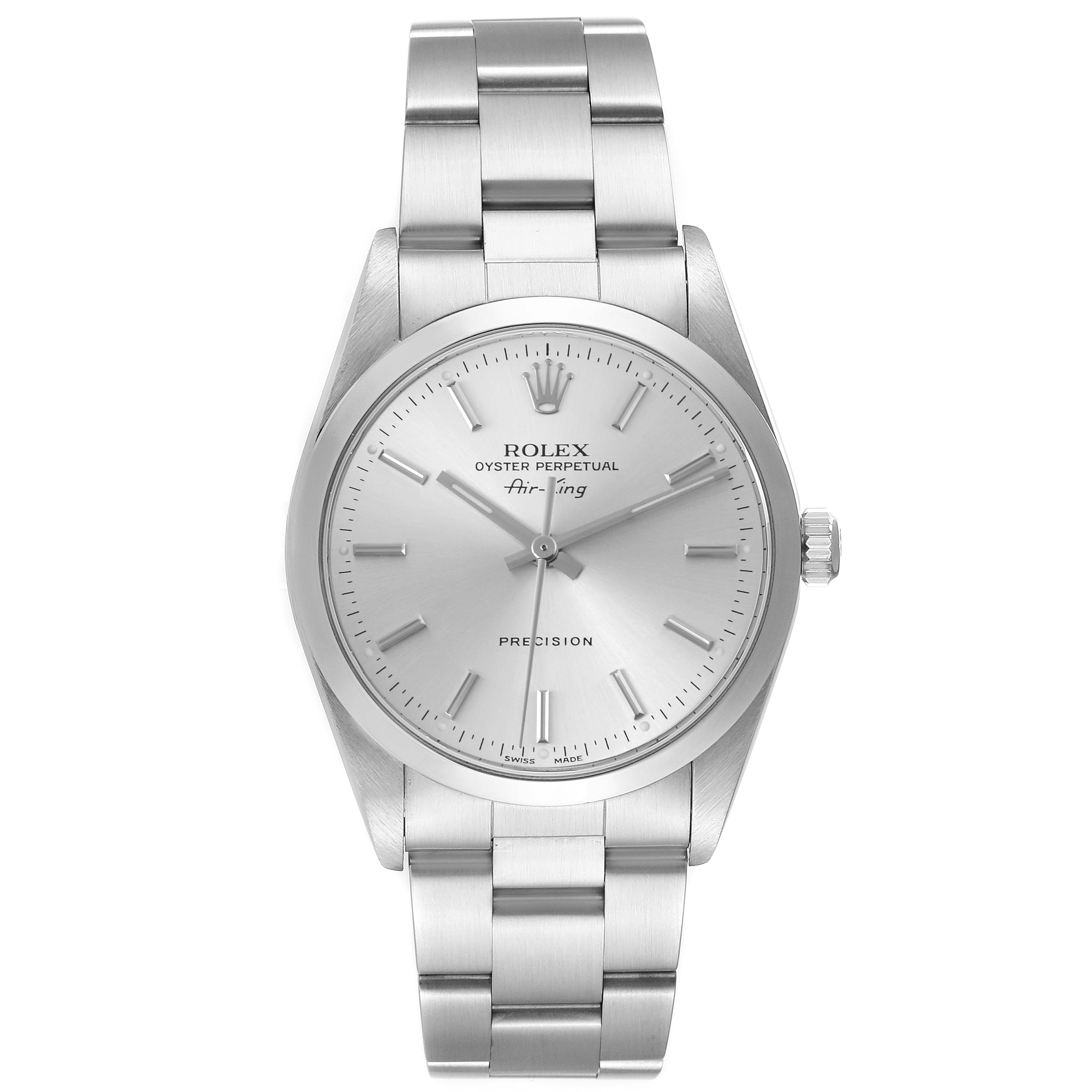 The image shows a frontal view of the Rolex Air-King 14000M Men's Stainless Steel Silver Dial 14000M Men's Stainless Steel Silver Dial watch, highlighting the dial, bezel, and bracelet.