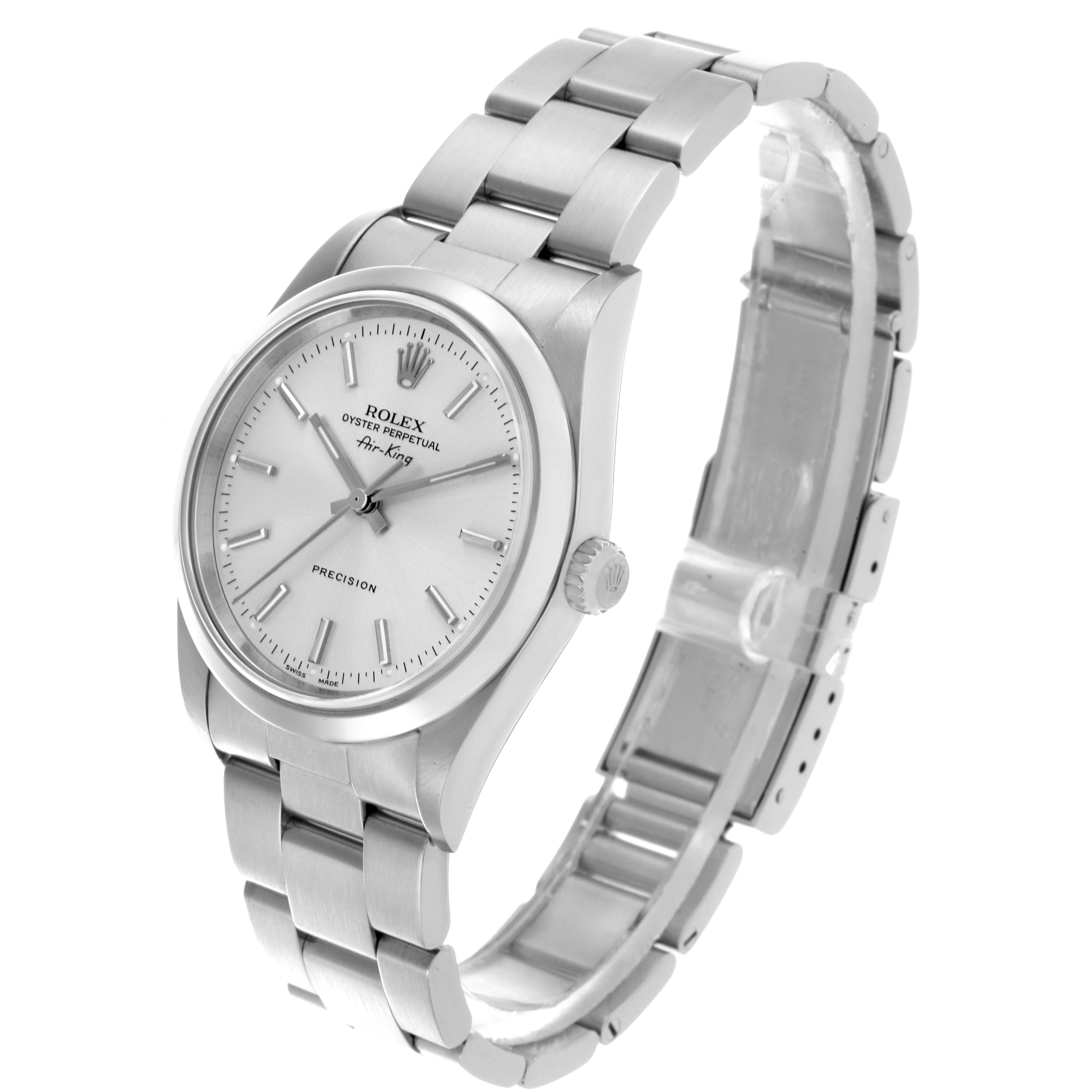 The Rolex Air-King 14000M Men's Stainless Steel Silver Dial 14000M Men's Stainless Steel Silver Dial watch is shown at an angle highlighting the face, crown, and bracelet.