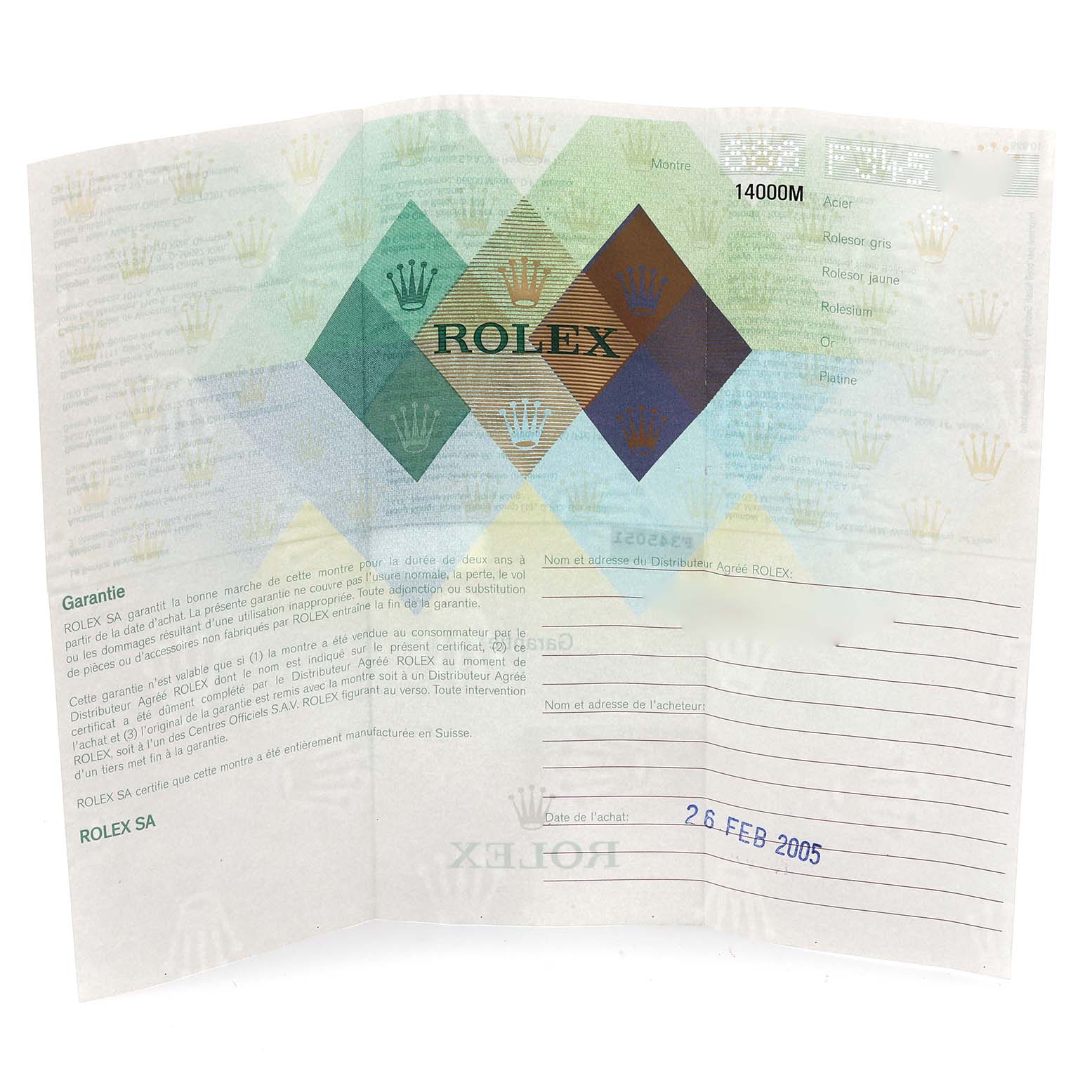 The image shows a warranty paper for a Rolex Air-King 14000M Men's Stainless Steel Silver Dial 14000M Men's Stainless Steel Silver Dial watch, featuring a logo and purchase information.