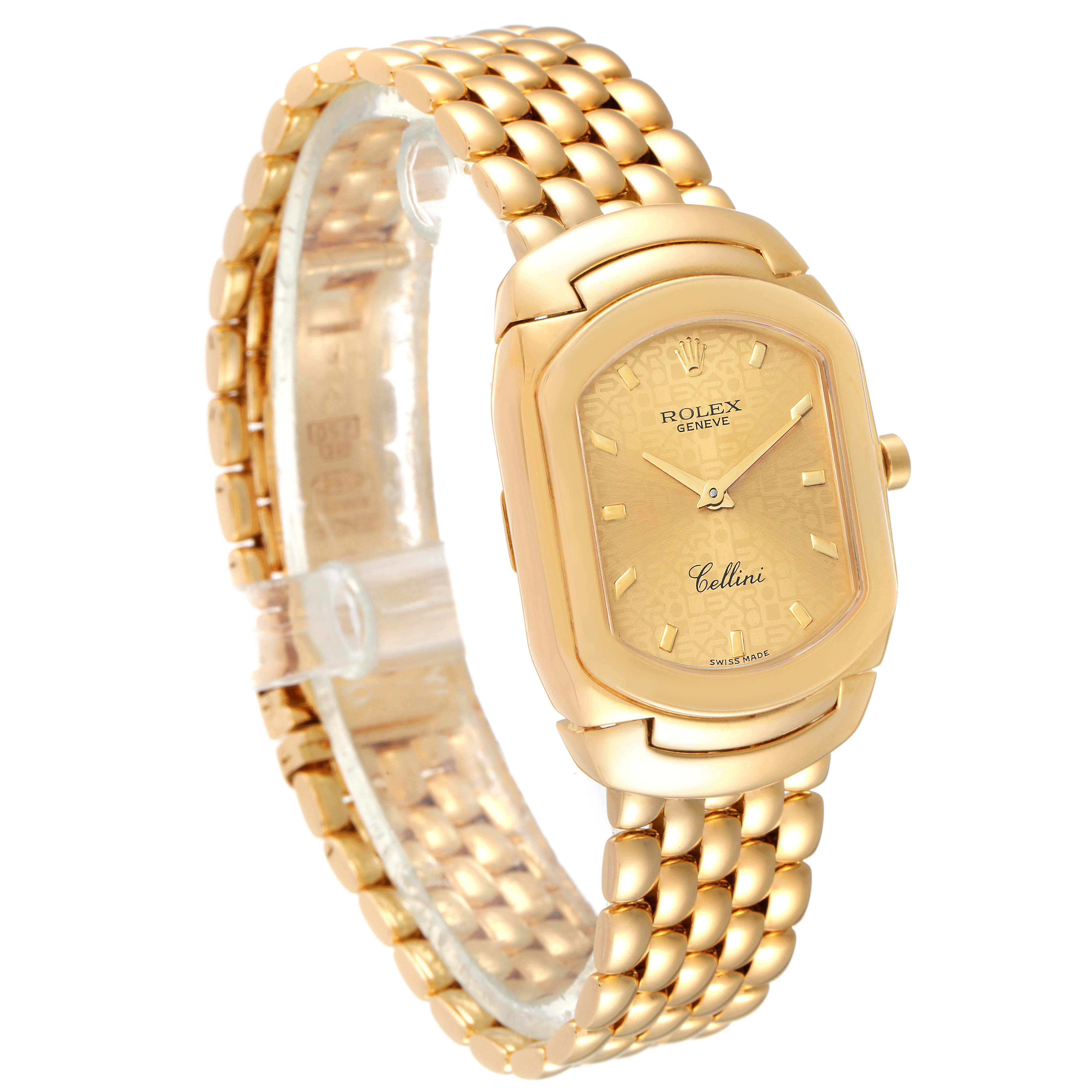 This is a Rolex Cellini 6691 Women's Yellow Gold Champagne Dial 6691 Women's Yellow Gold Champagne Dial watch shown at an angle highlighting its gold bracelet, case, and dial, with the crown visible on the right side.