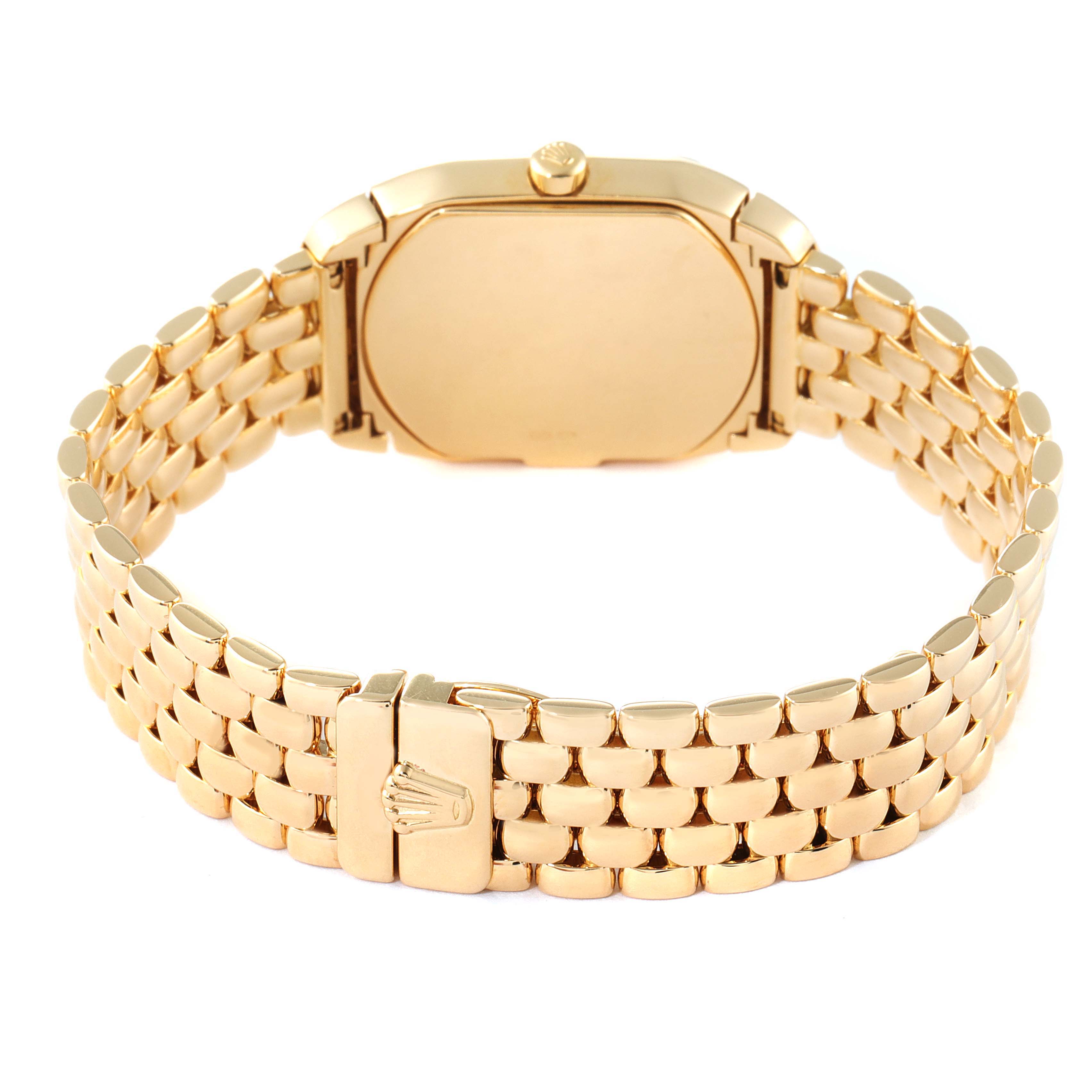 The image shows the back view and bracelet of a Rolex Cellini 6691 Women's Yellow Gold Champagne Dial 6691 Women's Yellow Gold Champagne Dial watch, highlighting the clasp and caseback.