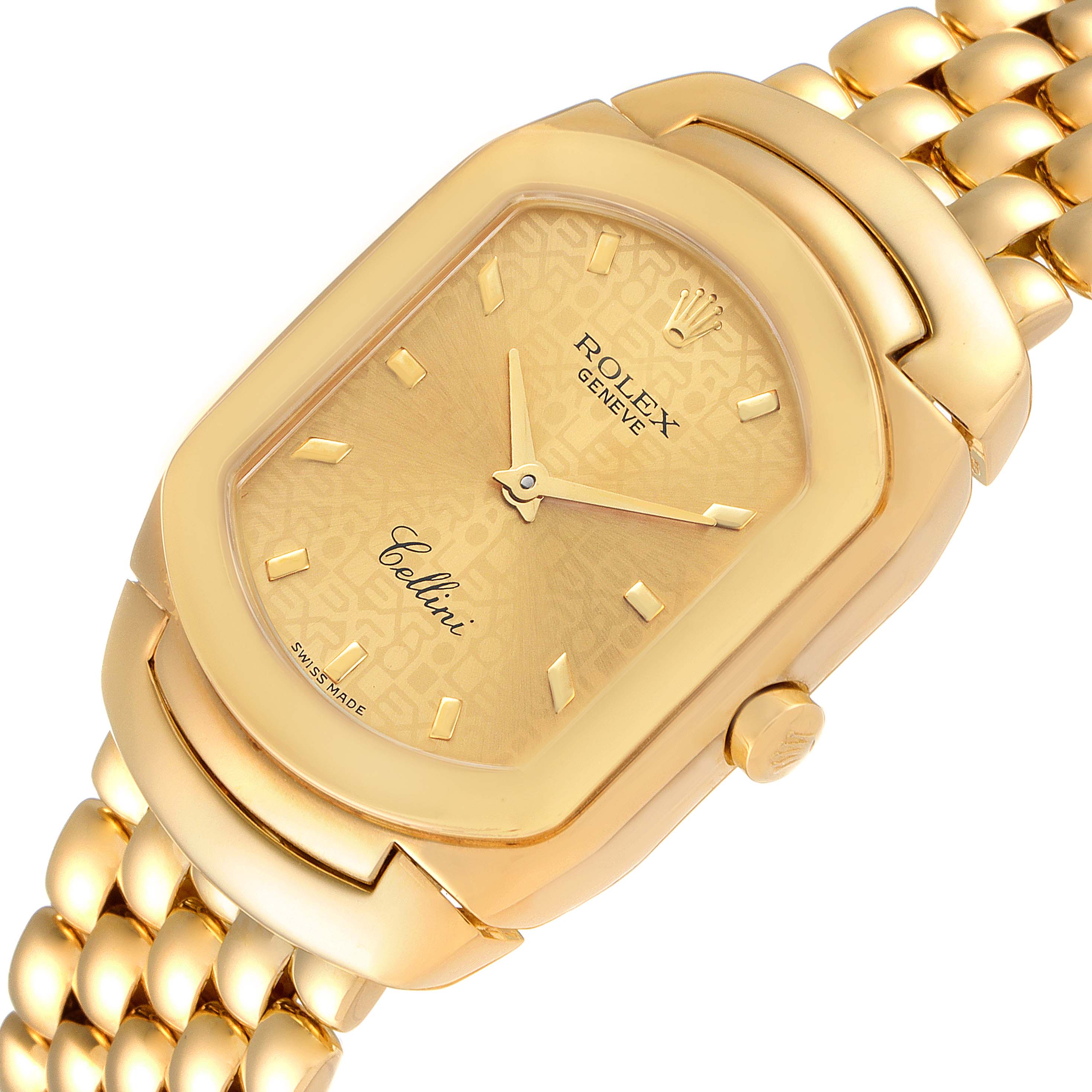 The image shows a close-up, angled view of the Rolex Cellini 6691 Women's Yellow Gold Champagne Dial 6691 Women's Yellow Gold Champagne Dial watch, highlighting its gold case, dial, and bracelet.