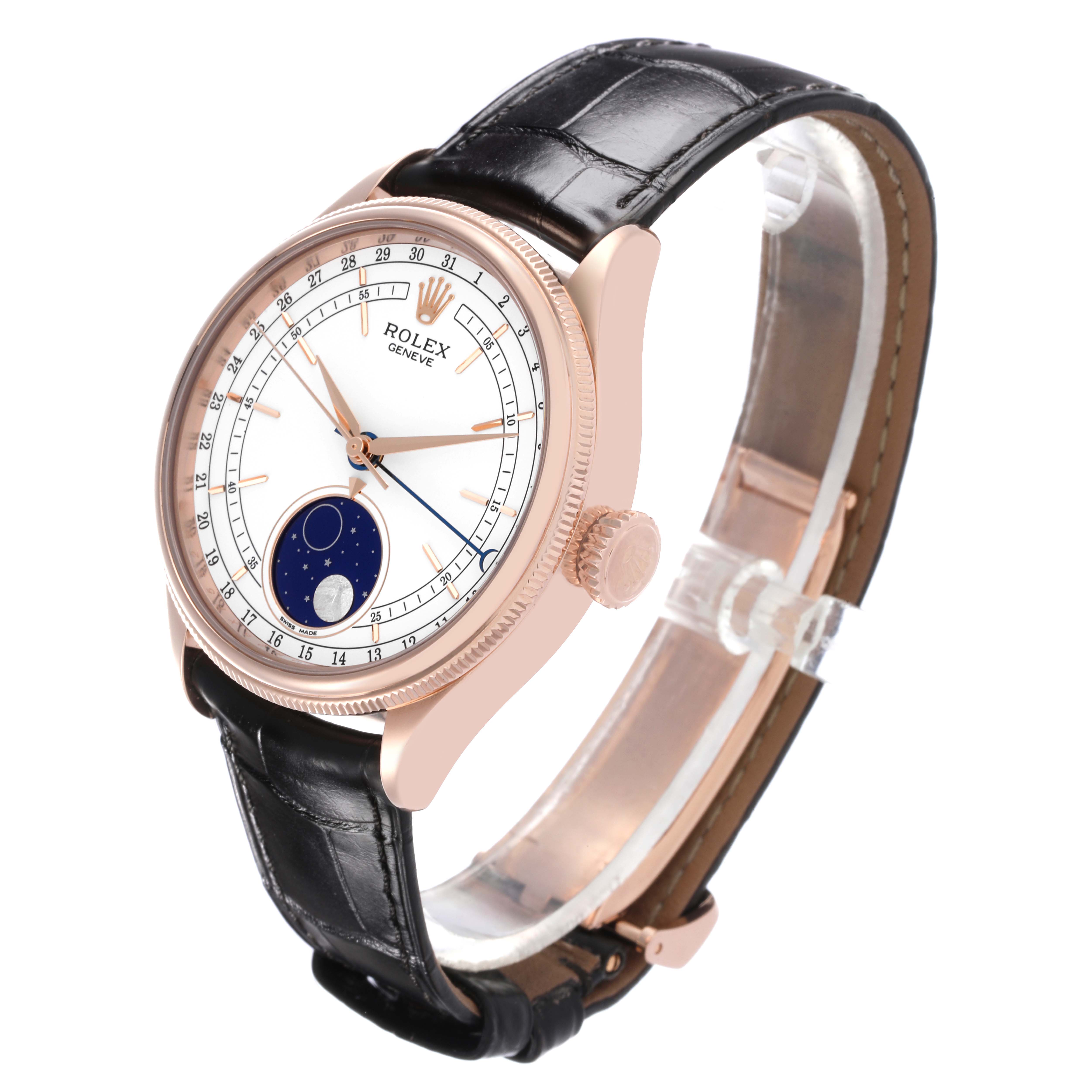 The Rolex Cellini 50535 Men's Rose Gold White Dial 50535 Men's Rose Gold White Dial watch is shown at a three-quarter angle, highlighting the face, side, and black leather strap.
