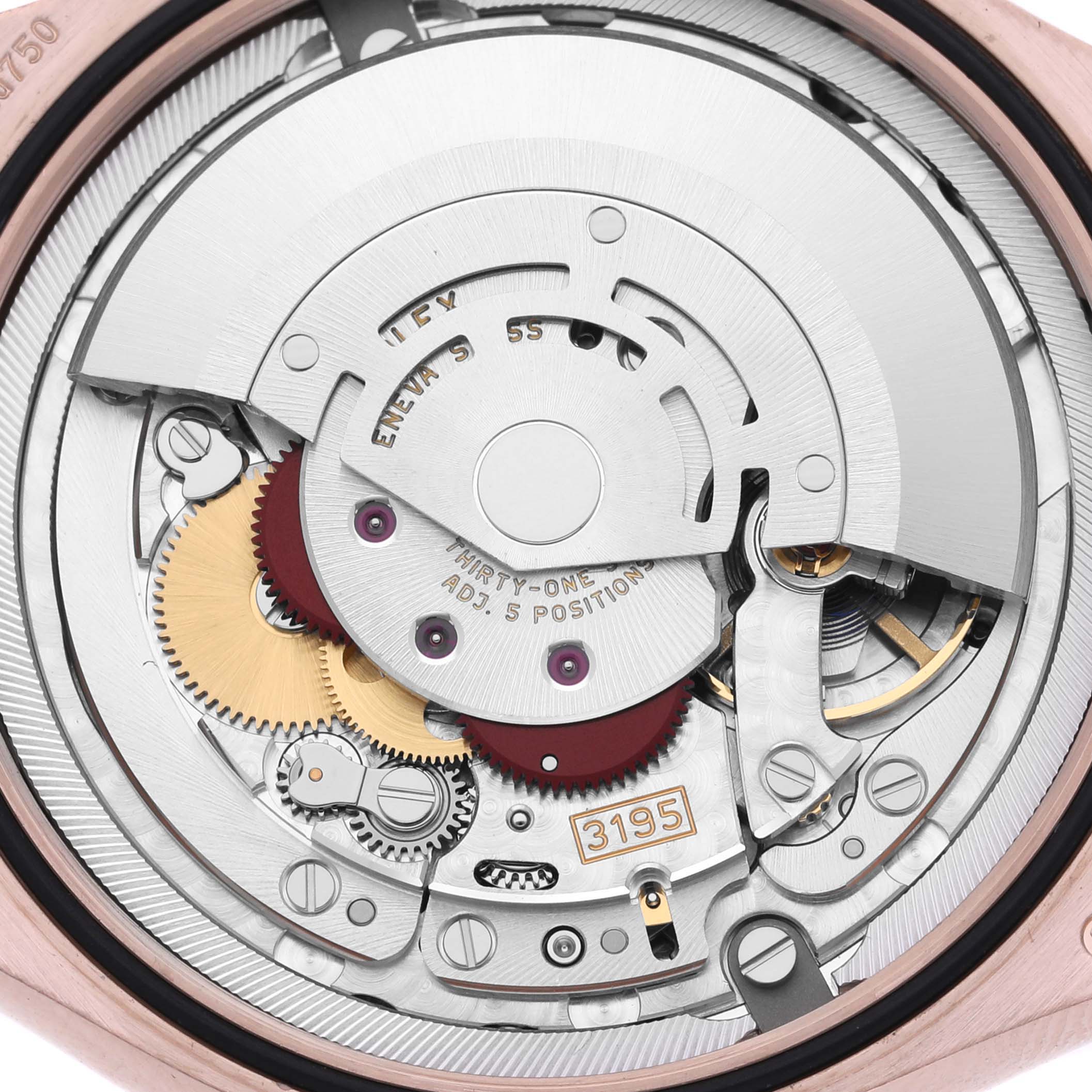 The image shows a close-up view of the Rolex Cellini 50535 Men's Rose Gold White Dial 50535 Men's Rose Gold White Dial's movement mechanism from the back.