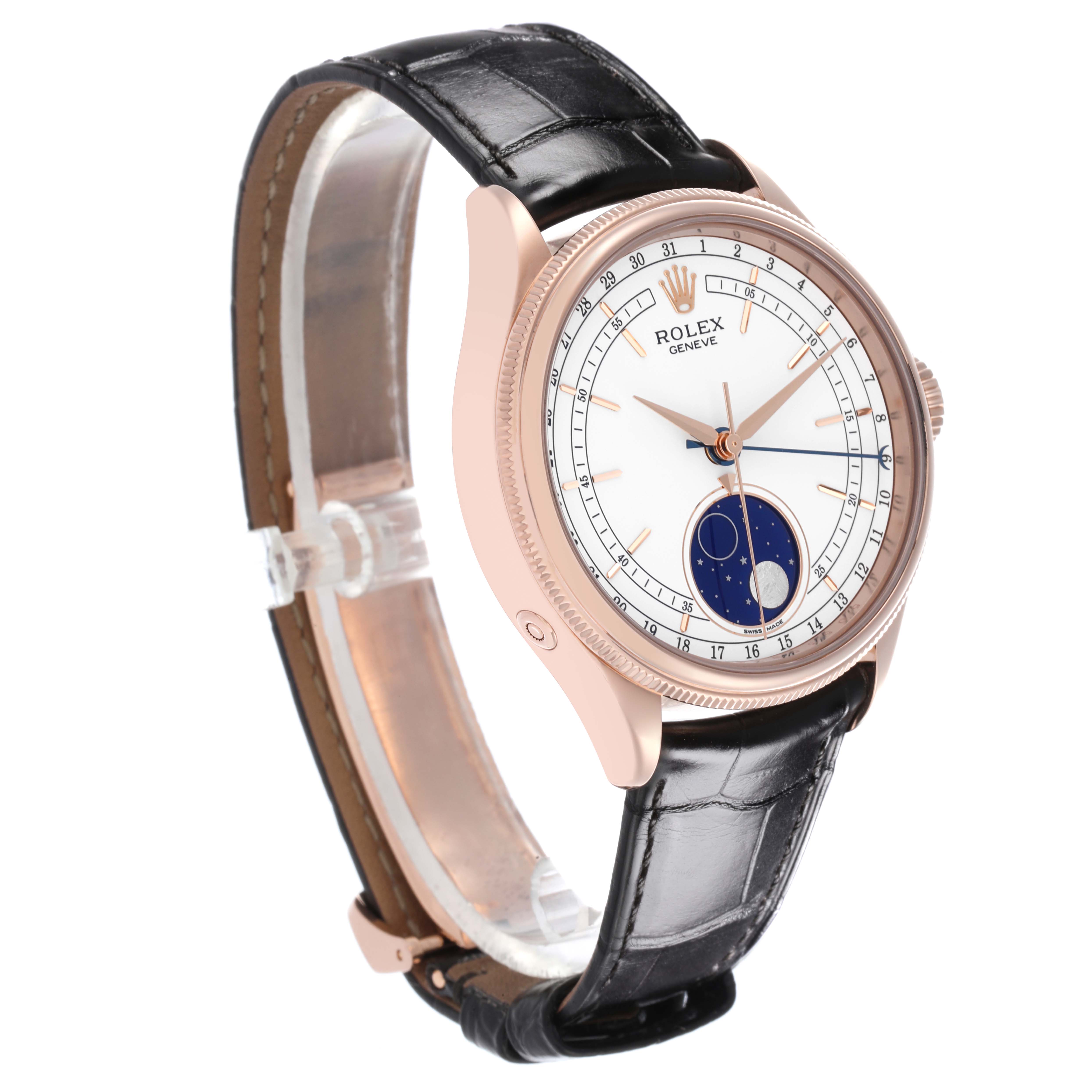 The Rolex Cellini 50535 Men's Rose Gold White Dial 50535 Men's Rose Gold White Dial watch is shown at a three-quarter angle, displaying the face, case, crown, and part of the strap.